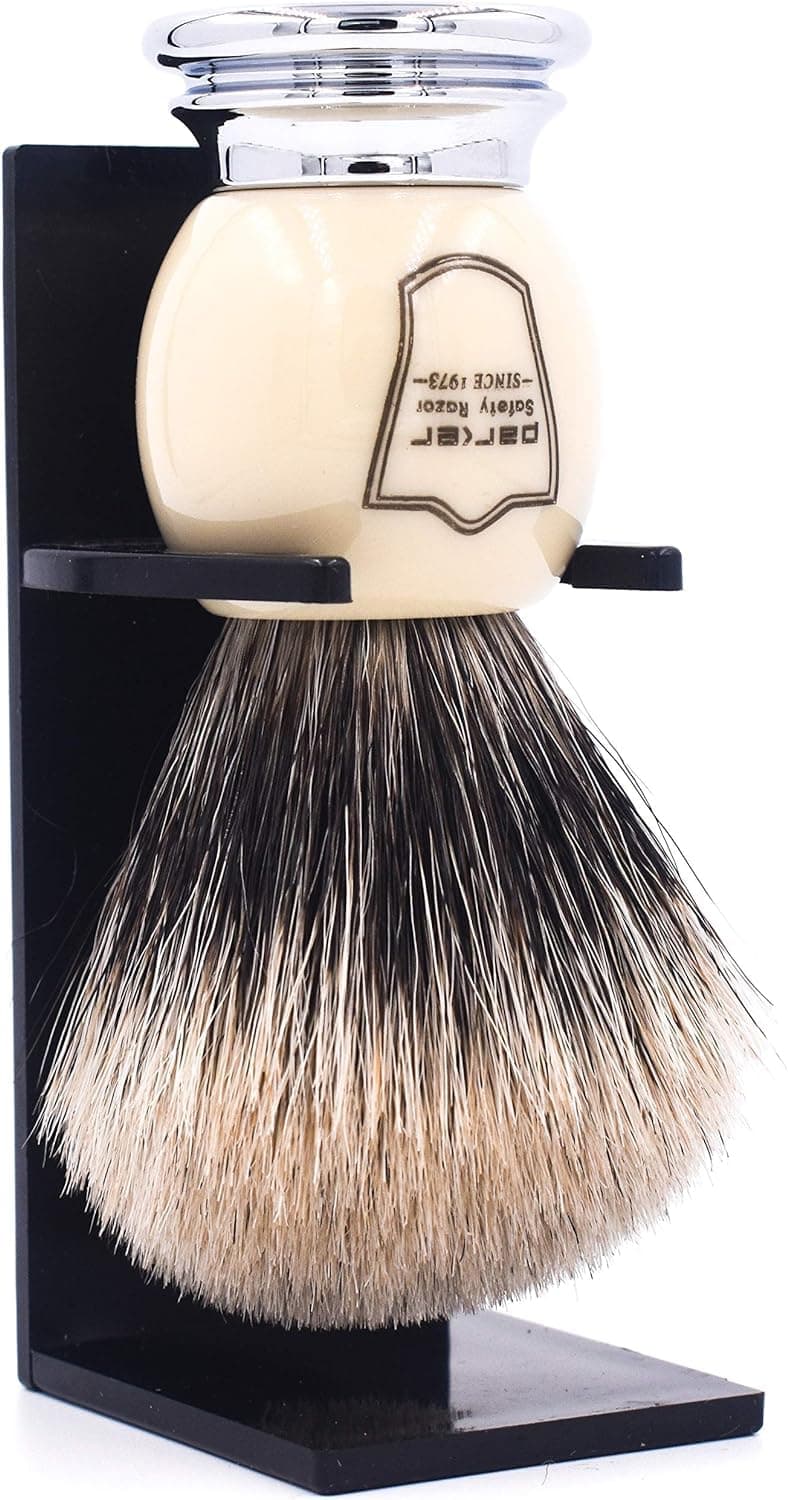 Parker Pure Badger Shaving Brush with Black & Chrome Handle + Stand | 22mm Kn...