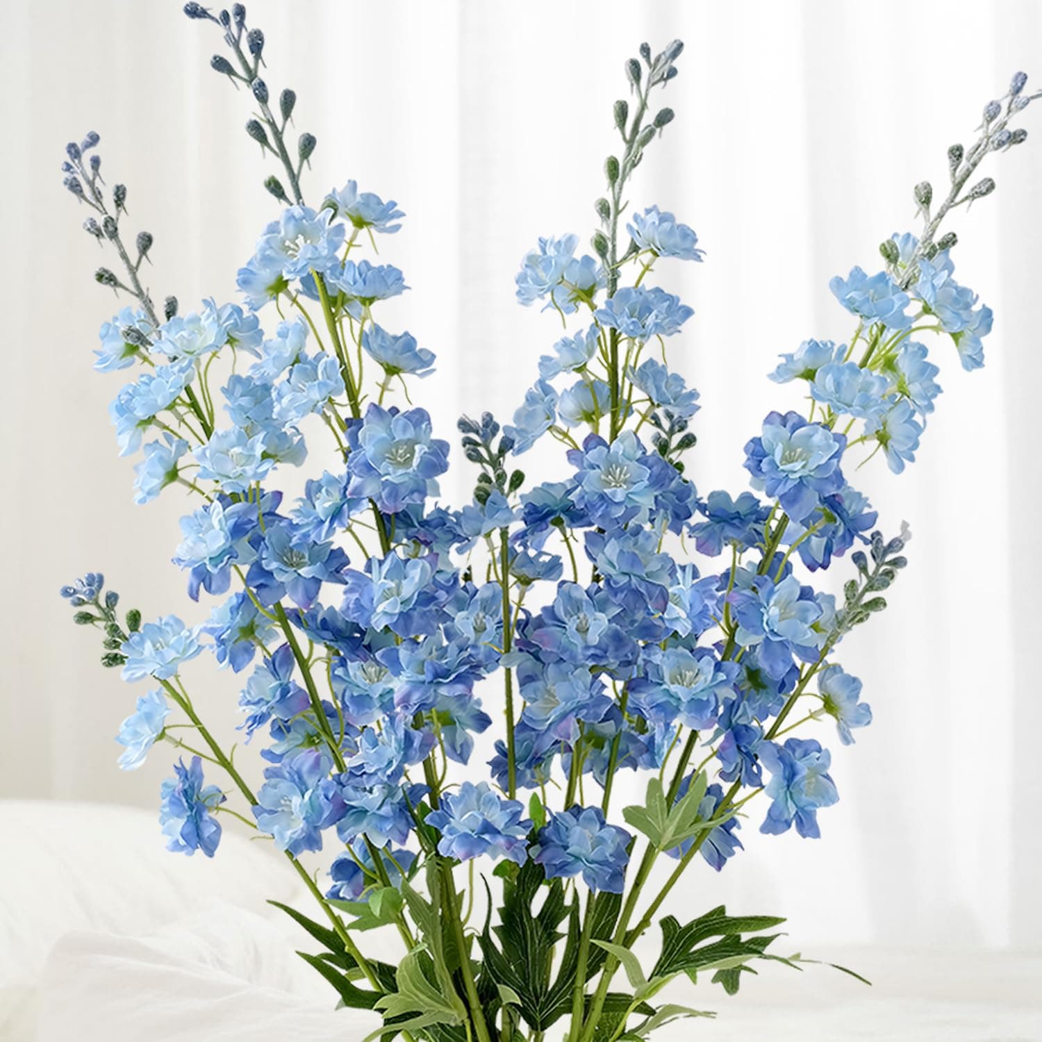 4Pcs Blue Delphinium Artificial Flowers, 34'' Lifelike Faux Larkspur Silk Flowers,Long Stem Fake Delphinium Plant Flower for Tall Floor Vase Outdoor Bouquet Home Table Kitchen Decor