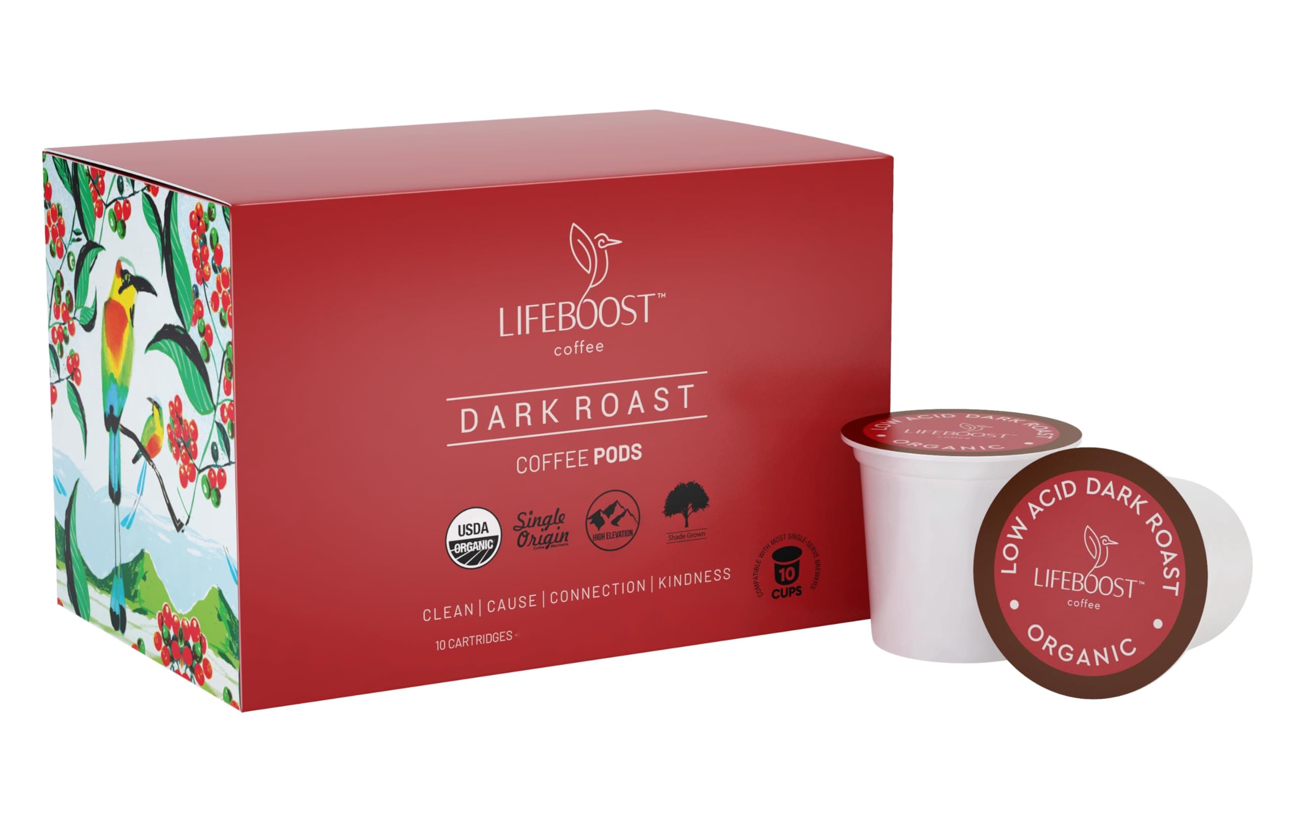 LIFEBOOST Lifeboost Dark Roast Low Acid Coffee K Cups - Single Origin Mold Free Non-GMO Organic Coffee Pods - Compatible with Keurig & Keurig 2 Machines - 10 Count