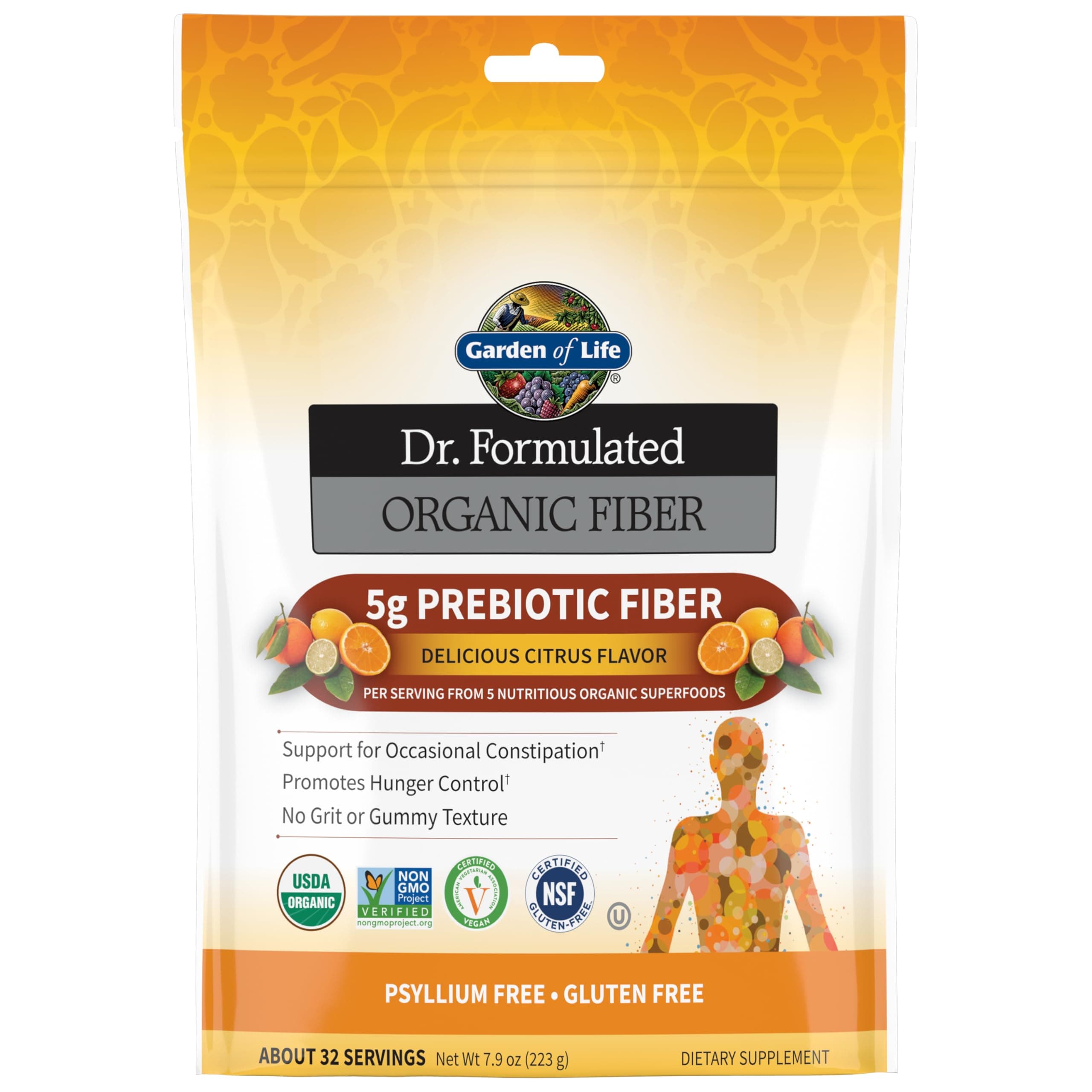 Garden of Life Dr. Formulated Organic Fiber Supplement - Citrus, 32 Servings, Organic Prebiotic Fiber Supplement, Psyllium Free, Vegan Superfood Fiber Powder, Constipation Relief, Hunger Control