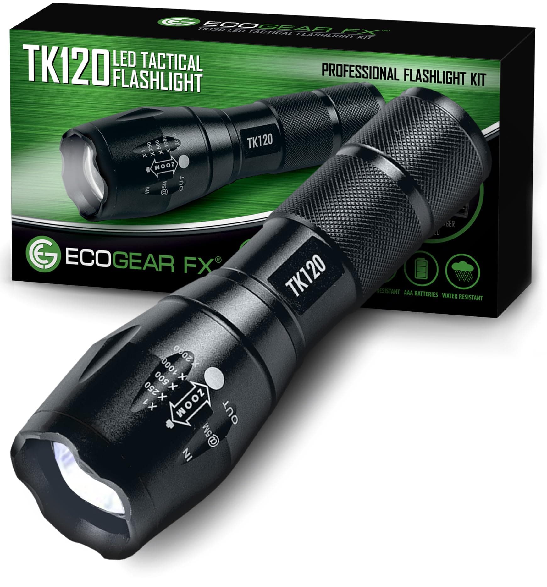 Complete LED Tactical Flashlight Kit TK120 Flashlight with Rechargeable Battery: High Lumens with 5 Light Modes, Water Resistant, Adjustable Focus Zoom