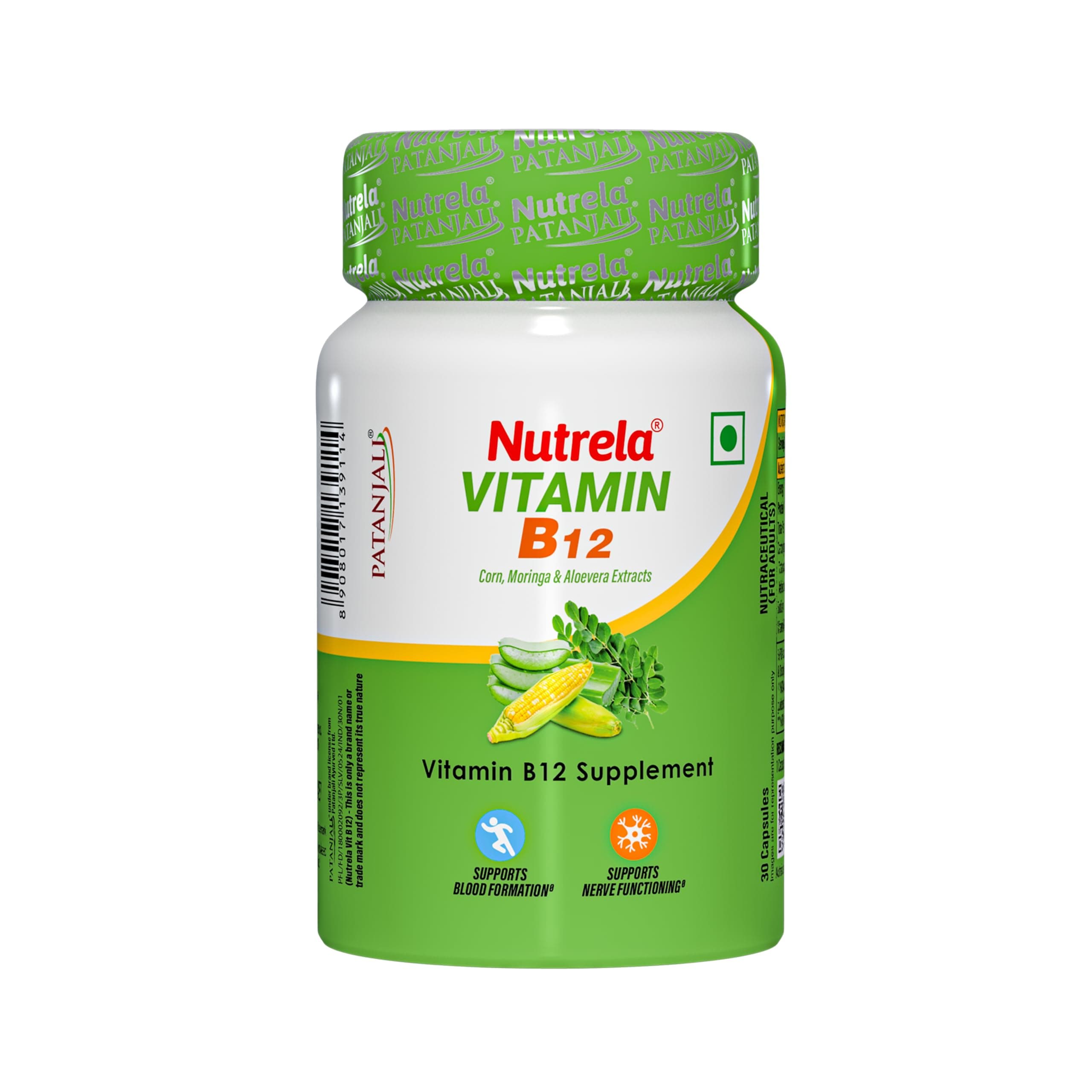 Nutrela Vitamin B12 Biofermented Plant Based Supplement for Men & Women with Moringa and Aloevera Extract - 30 Veg Capsules