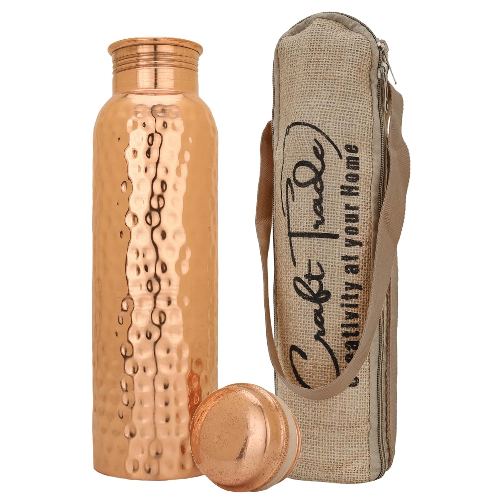 Craft Trade Copper Water Bottle Pure Copper Bottle with Lid and Carry Bag Leak Proof BPA Free Hammered Drinking Bottle for Sport Fitness and Yoga - 1 Litre Natural