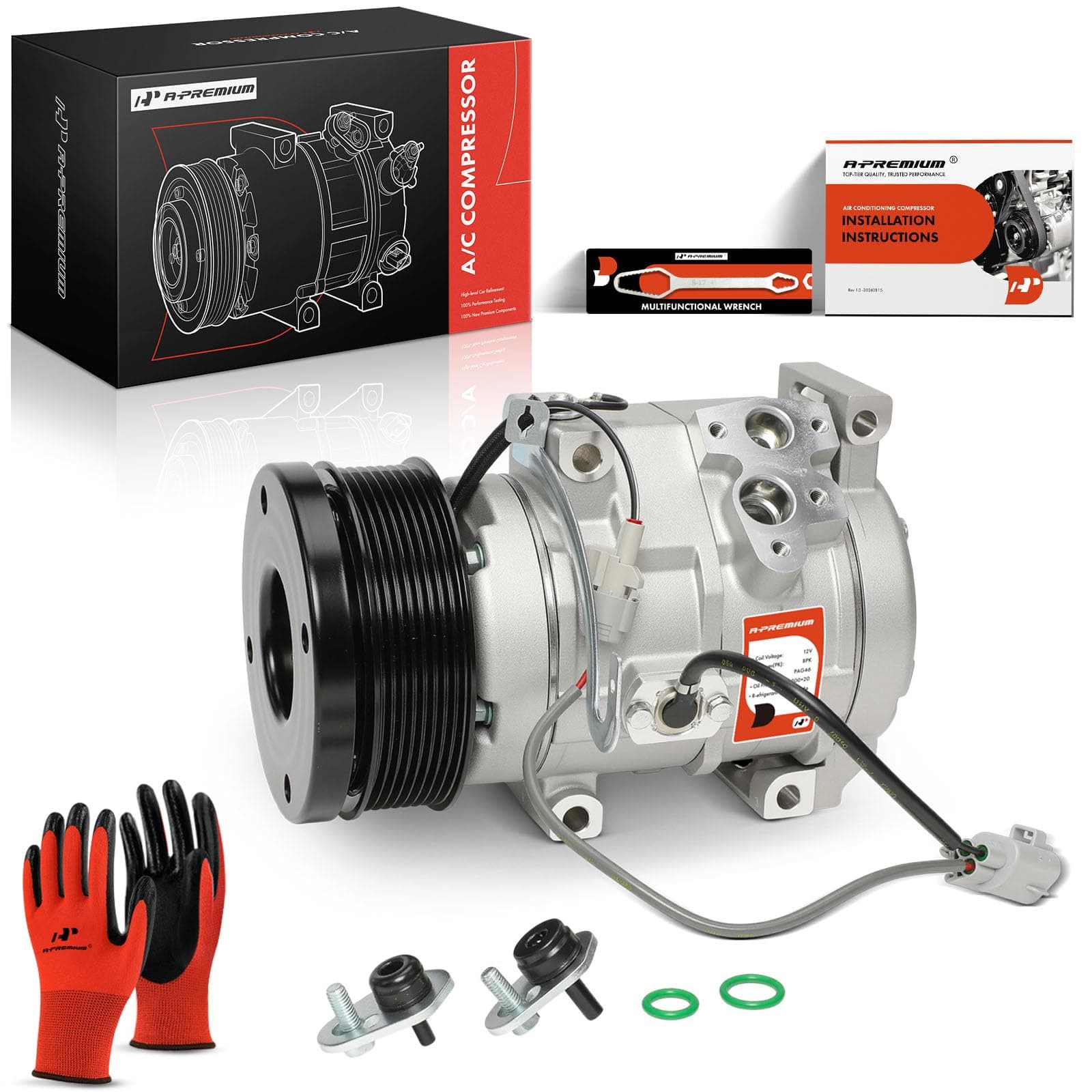 A-Premium AC Compressor with A/C Clutch (8-Grooves) Compatible with Toyota Tundra 4.6L, 5.7L 2007-2021, with 10S20C Style Compressor, Replace# 883200C130, 883200C190