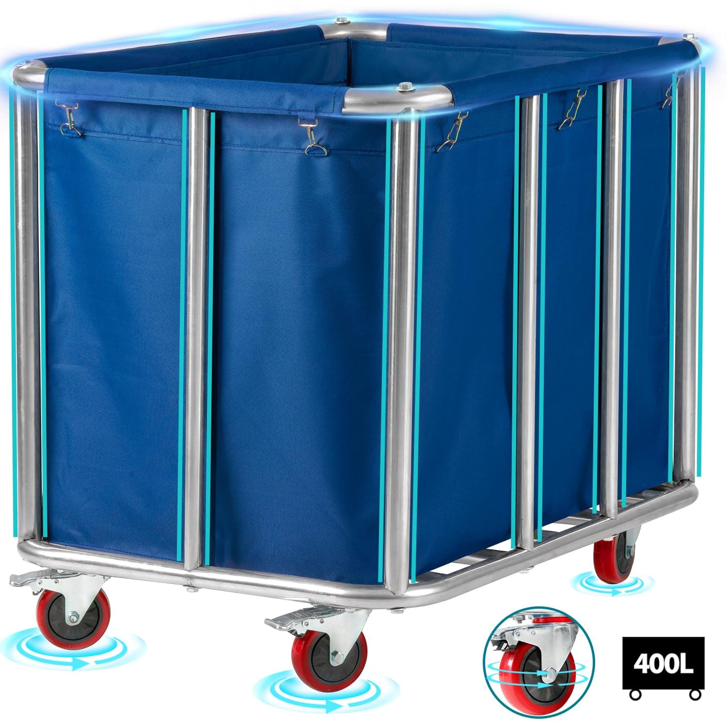 Commercial Laundry Cart with Wheels Heavy Duty Rolling Laundry Cart Large Laundry Baskets on Wheels with Stainless Steel Frame, 11.35 Bushel, 330LBS Load, 10 Tubes