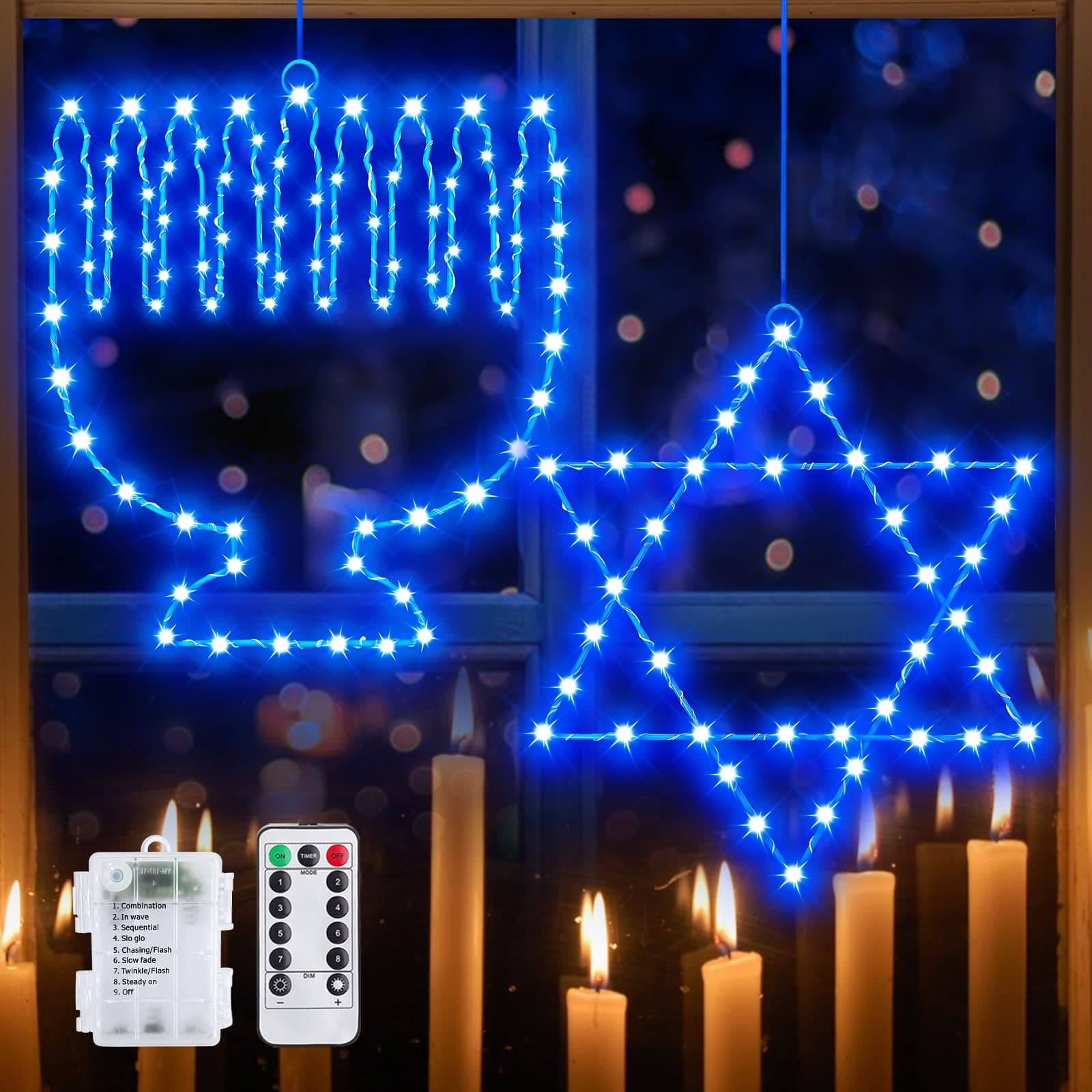 TURNMEON 2 Pack Hanukkah Decorations Window Lights 38 Blue LEDs Star of David & 78 Blue LEDs Menorah Remote Timer & 8 Modes Blue Chanukah Lights Battery Operated Chanukkah Decor for Indoor Party Home