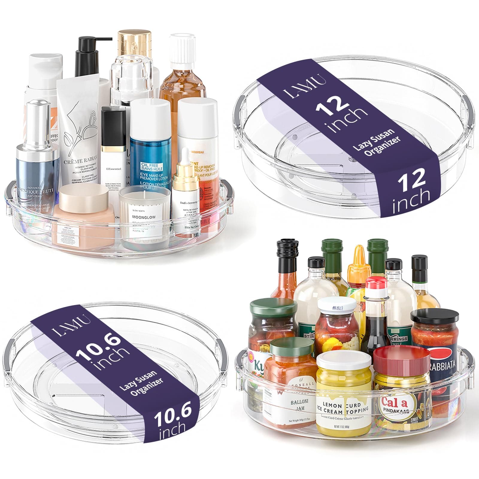 4 Pack Lazy Susan Organizer, Clear Lazy Susan Turntable for Cabinet, Refrigerator, Table Top, Kitchen, Bathroom, Pantry Organizers and Storage, 2 Sizes Included 12in, 10.6in