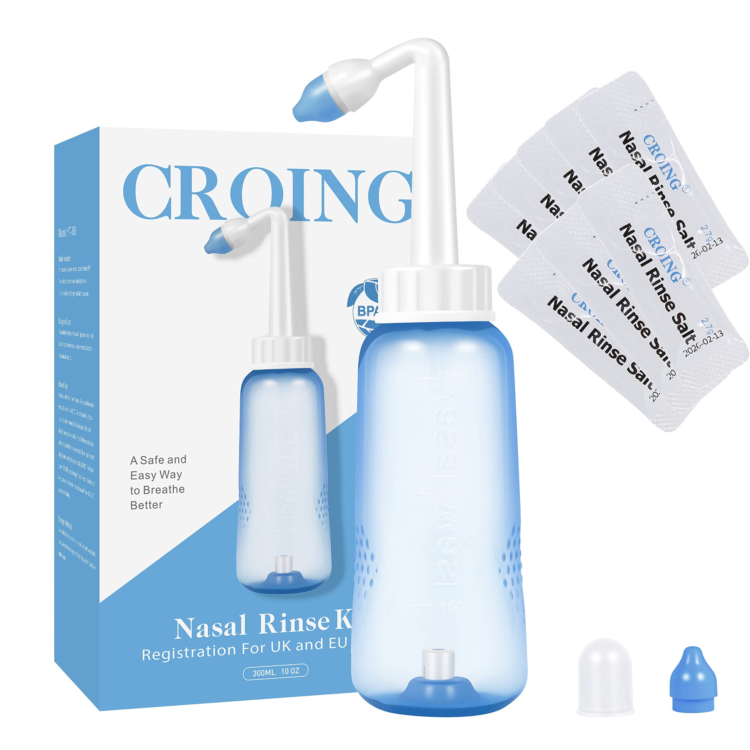 𝙉𝙖𝙨𝙖𝙡 𝙍𝙞𝙣𝙨𝙚 Neti Pot 300 ML with 80 Nasal Wash Salt Packets Sinus Rinse Bottle Nose Wash Cleaner Pressure Rinse Nasal Irrigation for Adult & Kid BPA Free