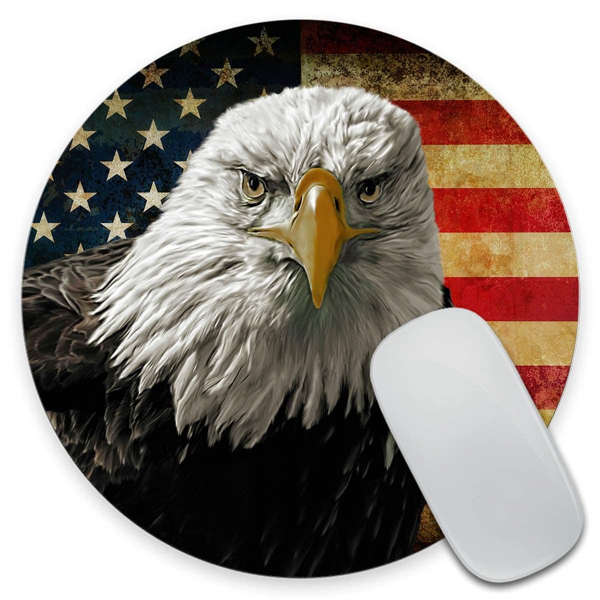 Bald Eagle USA Flag Round Mouse Pad, Grunge American Flags Customized Mouse Mat,Washable Mousepads, Non-Slip Rubber Base Small Mousepad, 7.9×7.9×0.12 inches