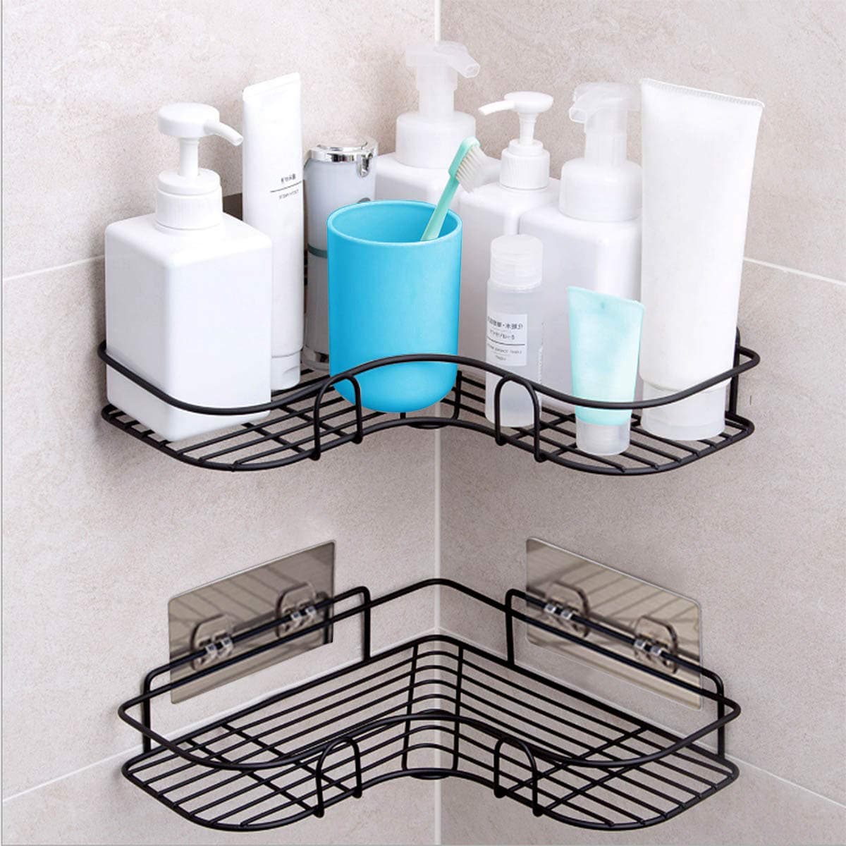 YUNKE Corner Shower Caddy Bathroom Organiser Bathtub Storage Organizer Adhesive Shelf, Bath Accessories Shampoo Holder Basket Rack Shelves with Stickers for Kitchen Apartment Dorm Toilet (2Pack)