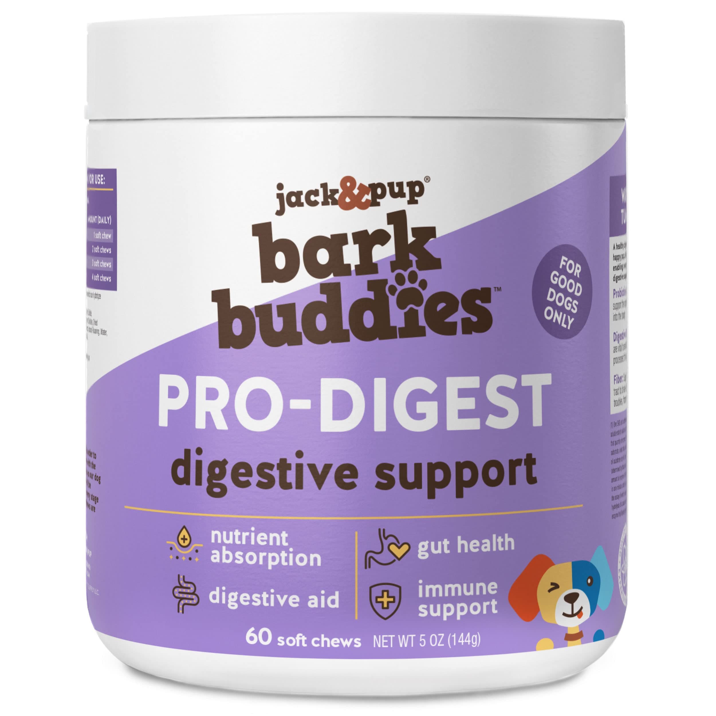 Jack&Pup Probiotic Chews for Dogs - Dog Probiotic Chews Small and Medium - Pro-Digest Bark Buddies (Up to 40 lbs) Puppy Probiotic Dog Chews, Pet Probiotics for Dogs - Probiotics for Puppies (60ct)