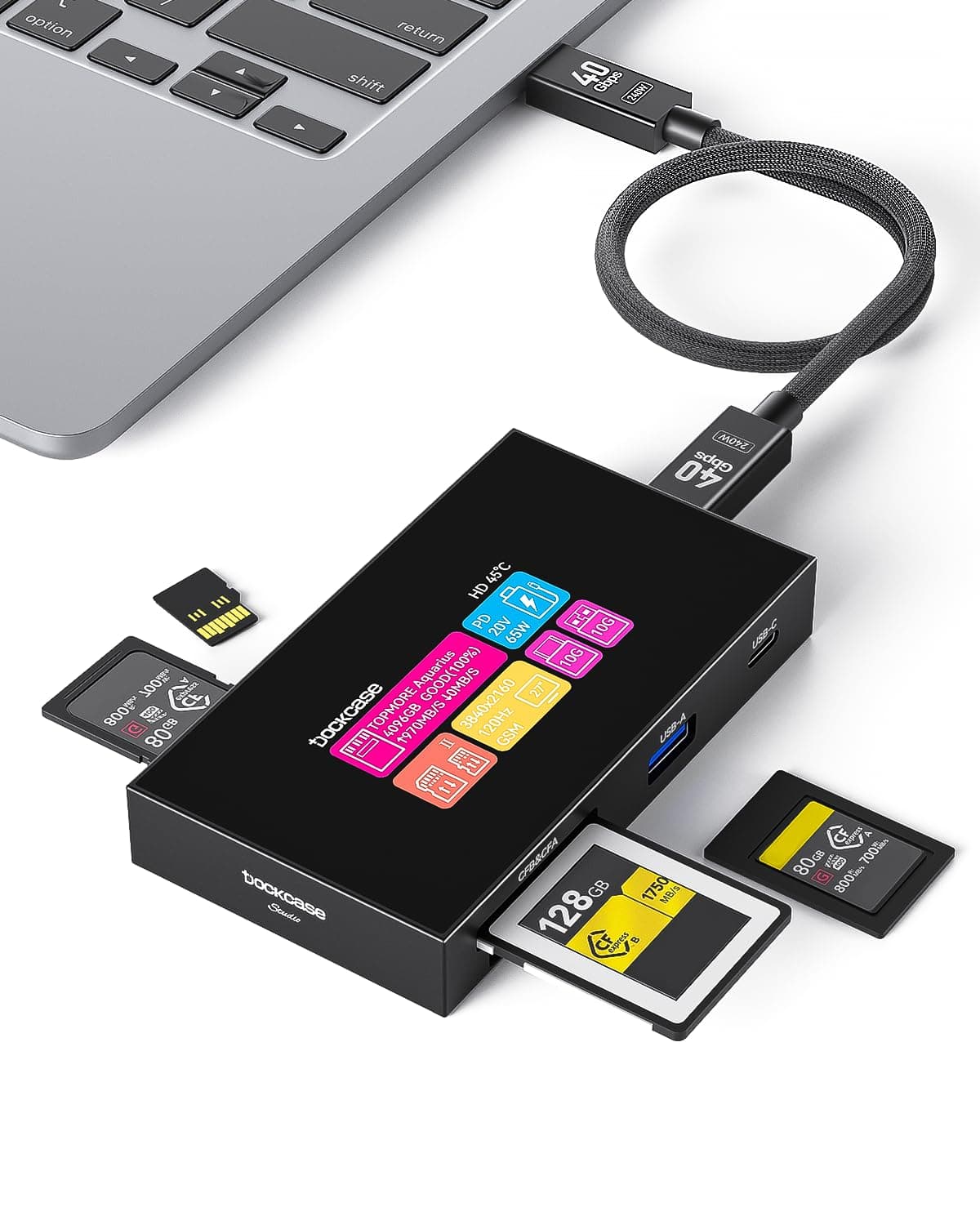 DOCKCASE Smart USB-C Hub with 8 in 1 Touch Screen for CFexpress Type A/Type B and UHS-II SD/TF Card Reader with 4K HDMI 100W Power Delivery, USB-C and USB-A 3.2 Gen 2 10Gbps Data Port