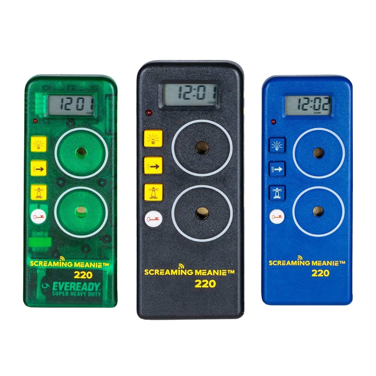 Screaming Meanie 220 Alarm Clock and Timer, Extremely Loud for Deep Sleepers, Multi-Purpose Clock, 3 Sound Levels (with 9v Battery Included) - Assorted