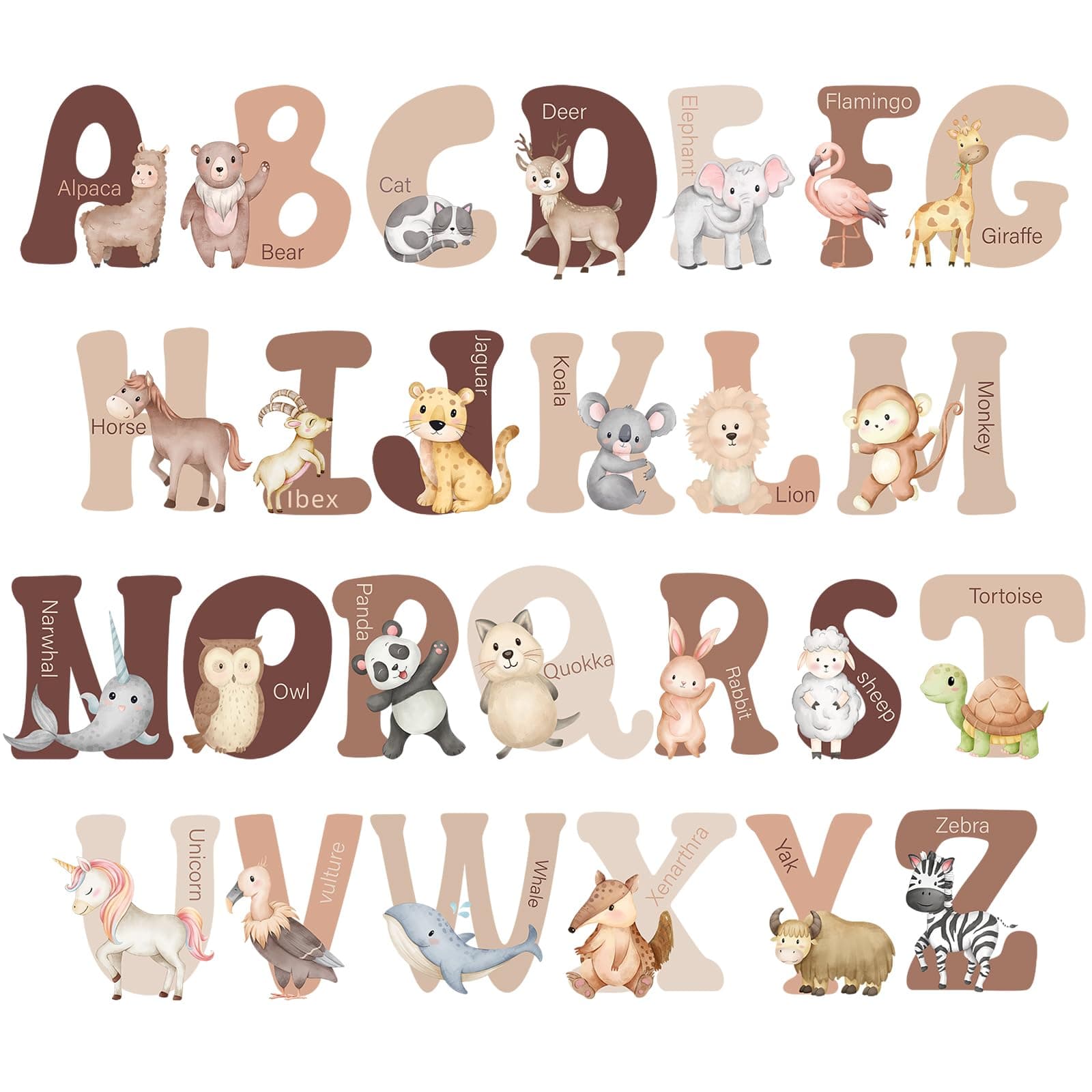 Hoteam Extra Large 6 Inch Neutral Animal Alphabet Wall Decals 26 English ABC Stickers for Wall Educational Peel and Stick Alphabet Stickers for Kids Room Nursery Classroom Playroom