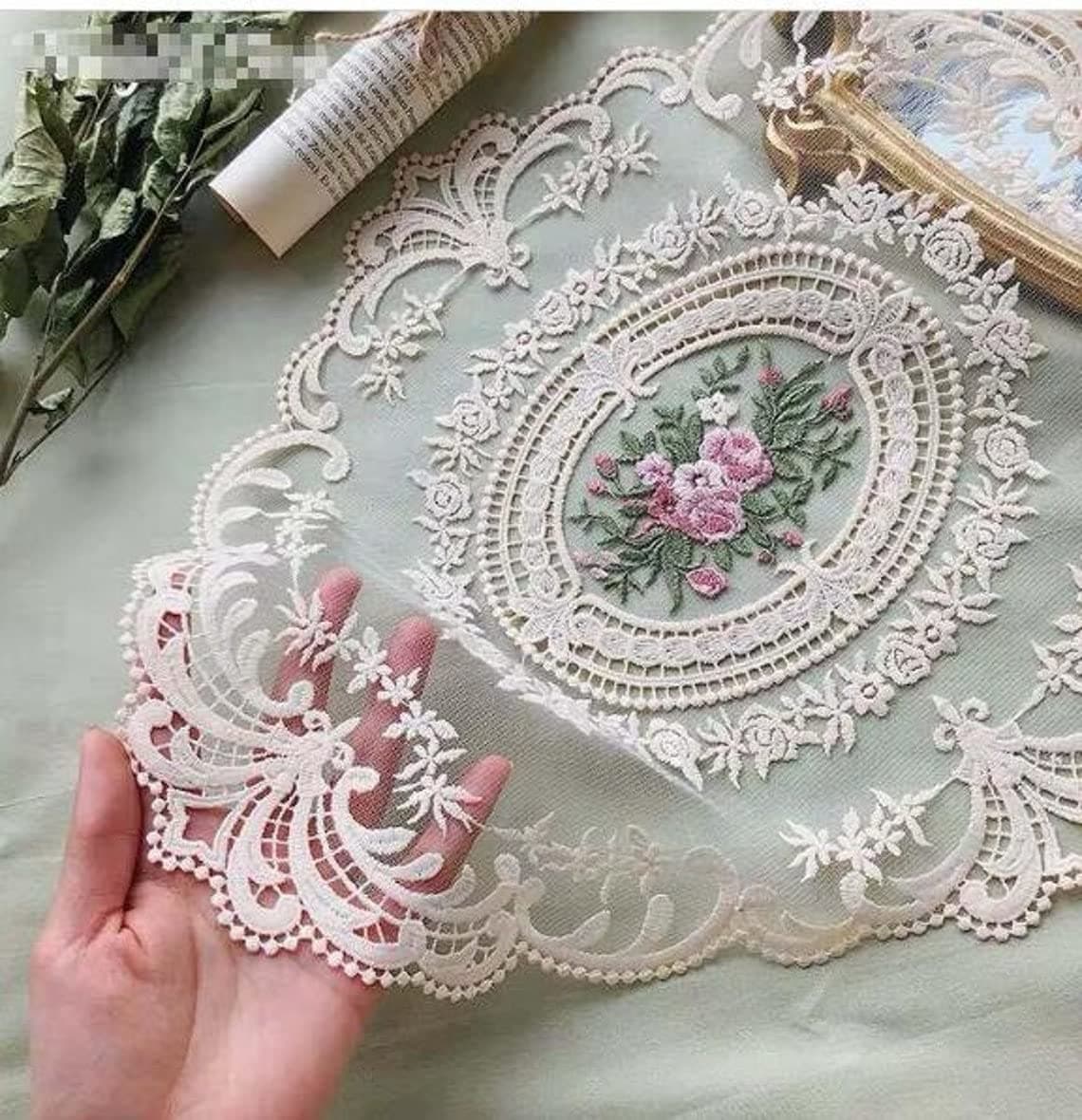 Fiygor 2Pack Retro Lace Placemats, French Crochet Doilies, Handmade Embroidered Table Mats, 12x16-in Beige Place Mats Cup Mat