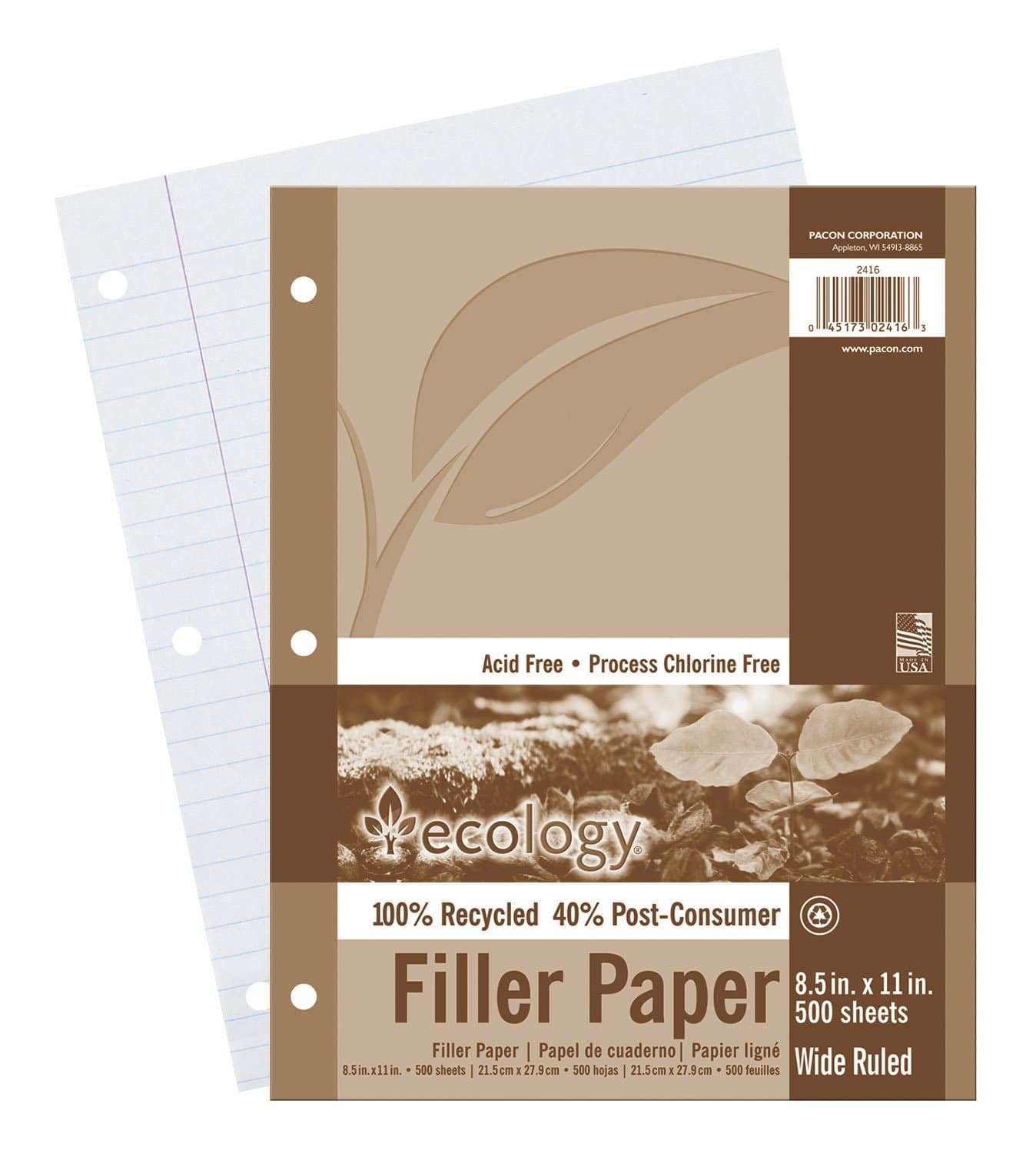 Ecology Wide Ruled Recycled Filler Paper, White, 500 Sheets (2416)