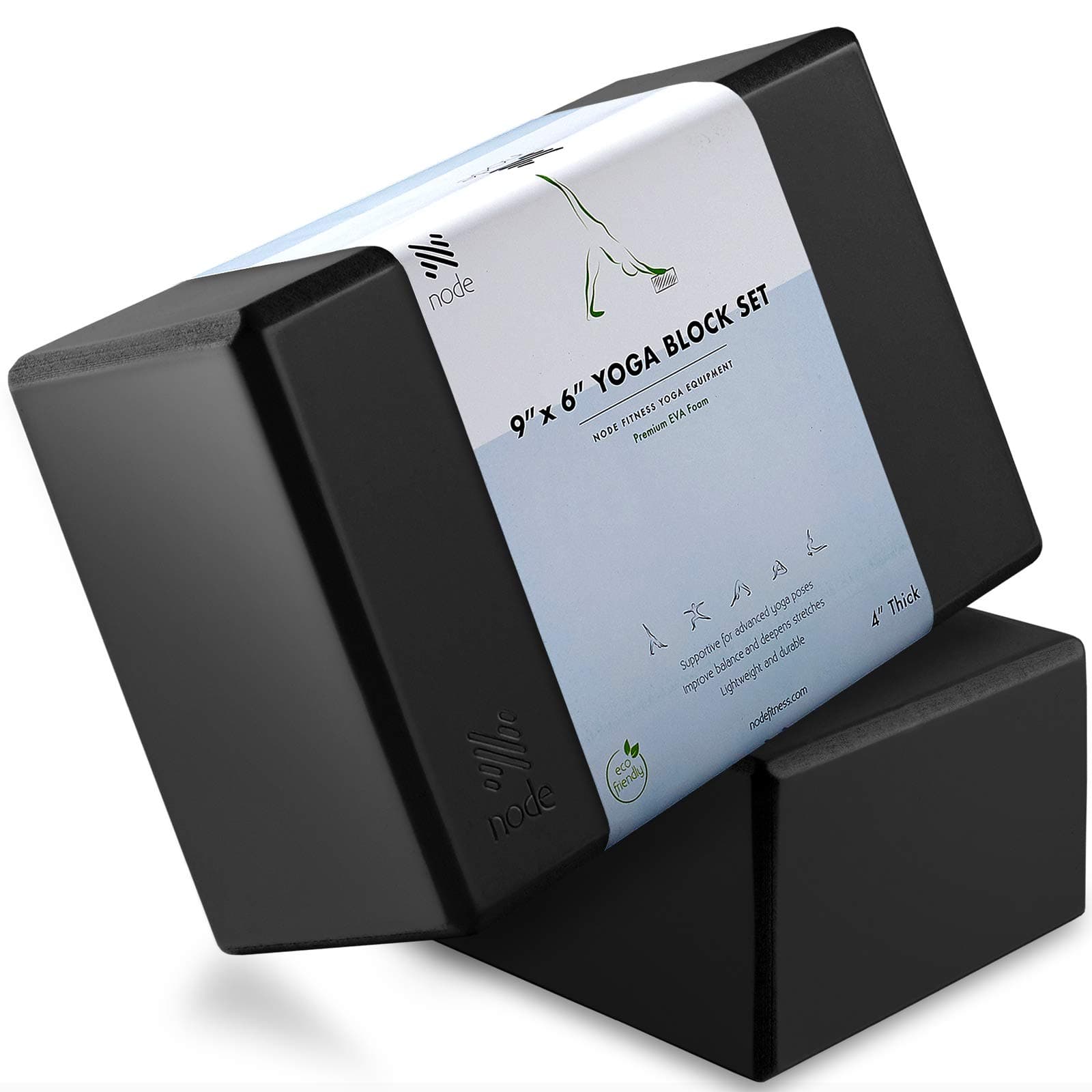 Node Fitness Premium Yoga Block (Set of 2) - 4" Thick Foam Brick - Black