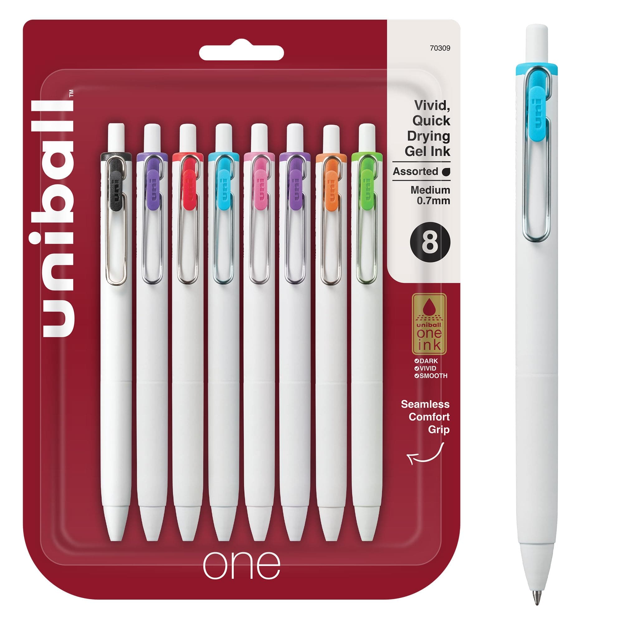one Retractable Gel Pens, Medium Point (0.7mm), Assorted Ink, 8 Pack