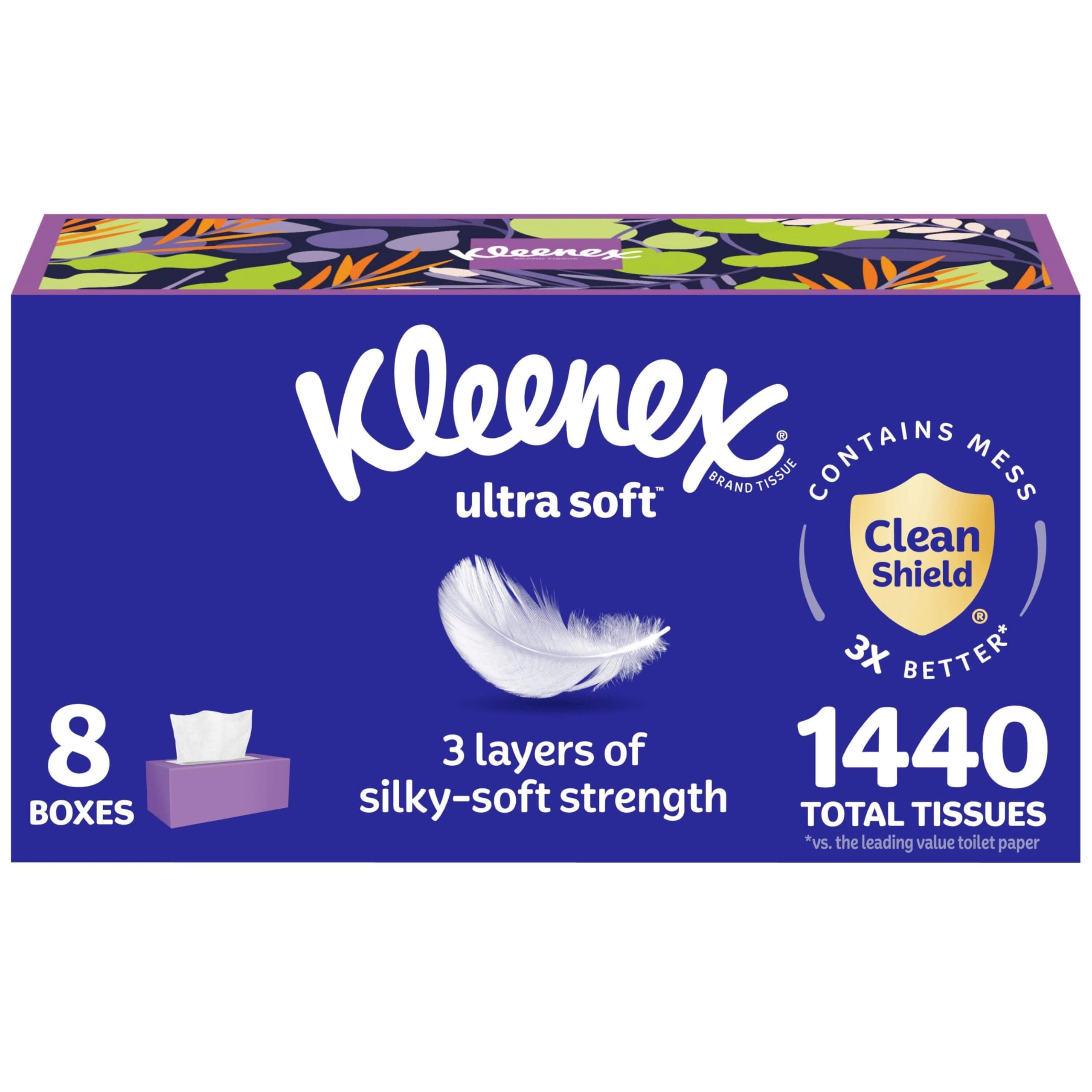 Kleenex Ultra Soft Facial Tissues, 8 Flat Boxes, 180 Tissues per Box, 3-Ply, Packaging May Vary