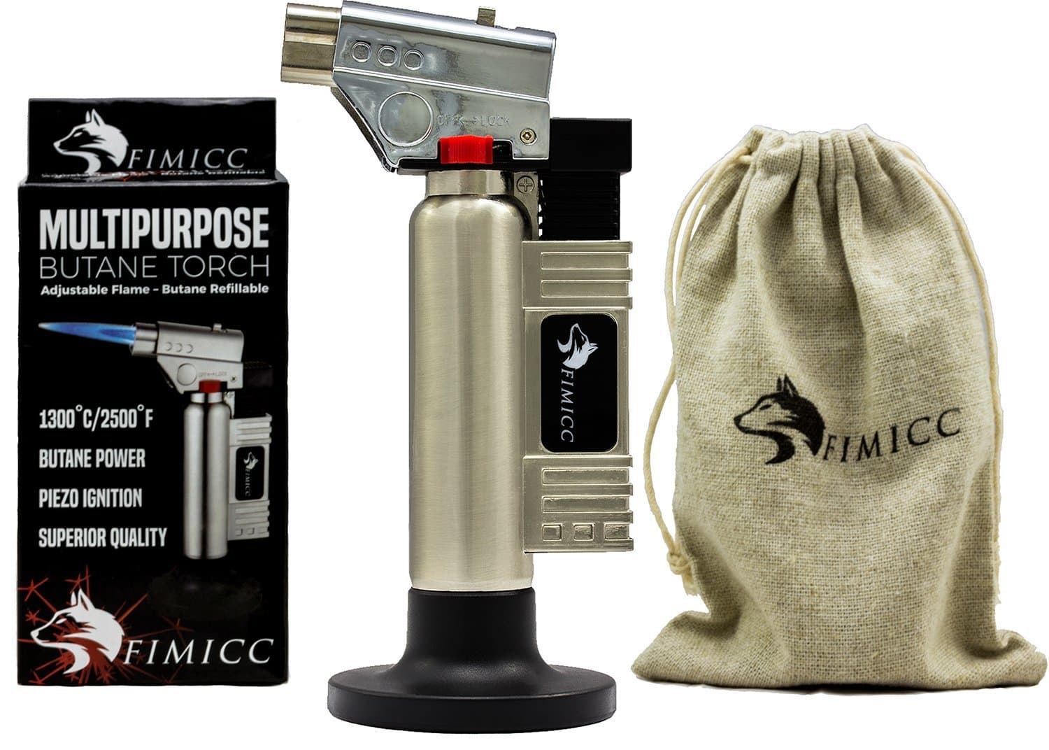 fimicc Culinary Butane Torch Refillable Cooking Torch with Two Type of Flames,Safety Lock&Adjustable Flame-For Creme Brulee,Desserts,Camping&More-BONUS Cotton Bag,Recipe E-book&Video (Brown Nickel)