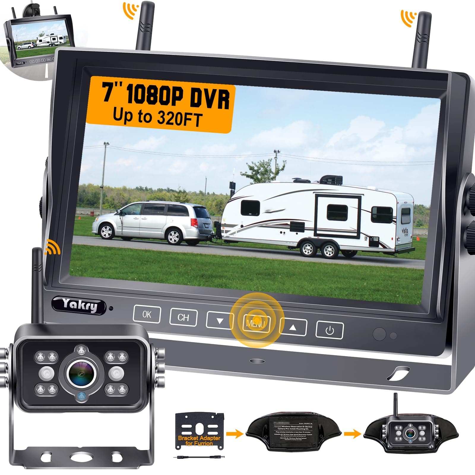 Yakry RV Backup Camera Wireless System - 7'' HD Reverse Camera for Truck with DVR Monitor -Bluetooth Trailer Back up Camera with Night Vision Waterproof -Rear View Camera for Furrion Pre-Wired RVs Y22
