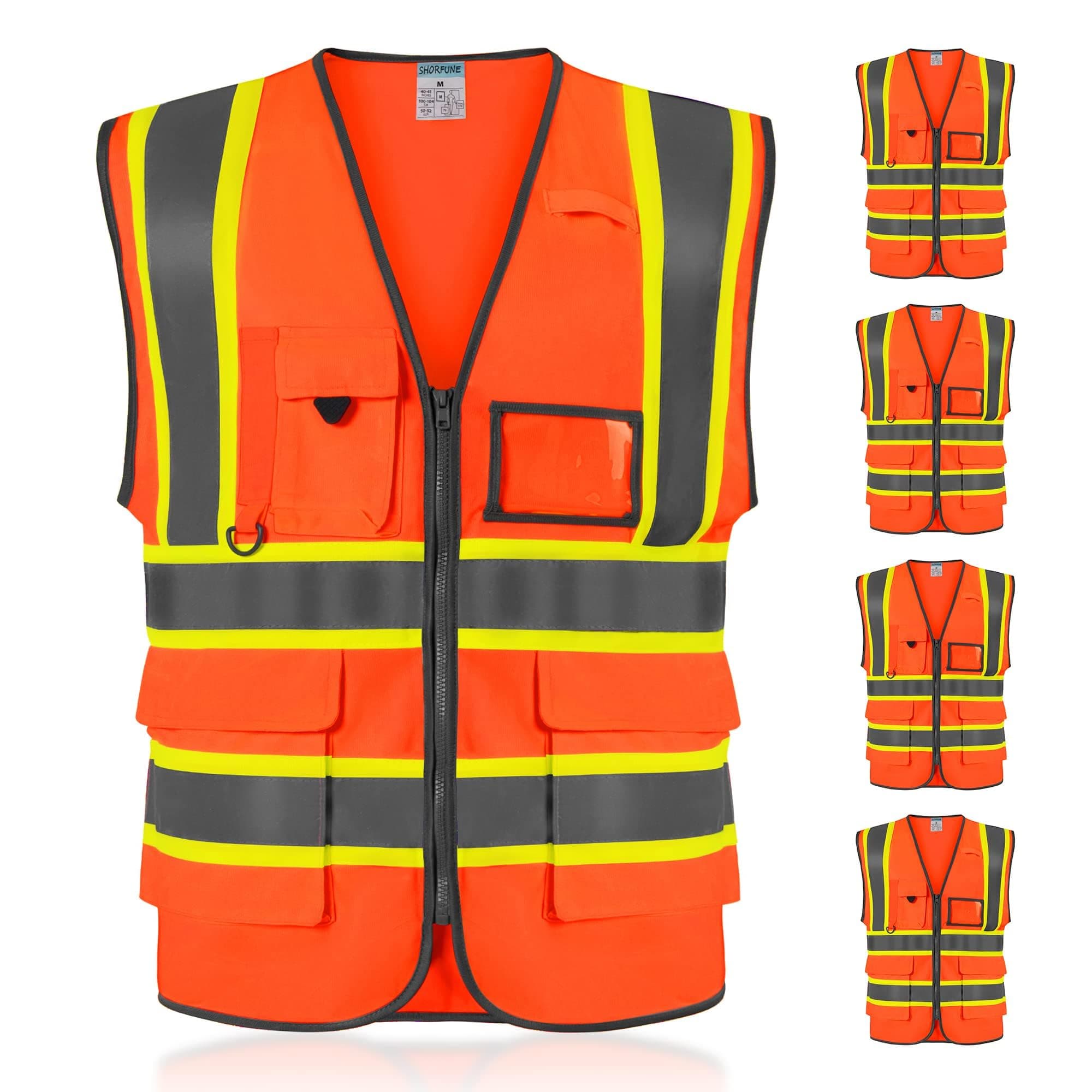 SHORFUNE High Visibility Safety Vest with Pockets, Mic Tab, Reflective Strips and Zipper, ANSI/ISEA Standards