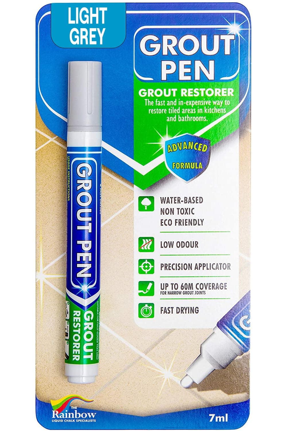 Grout Pen Light Grey Tile Paint Marker: Waterproof Grout Paint, Tile Grout Colorant and Sealer Pen - Light Grey, Narrow 5mm Tip (7mL)