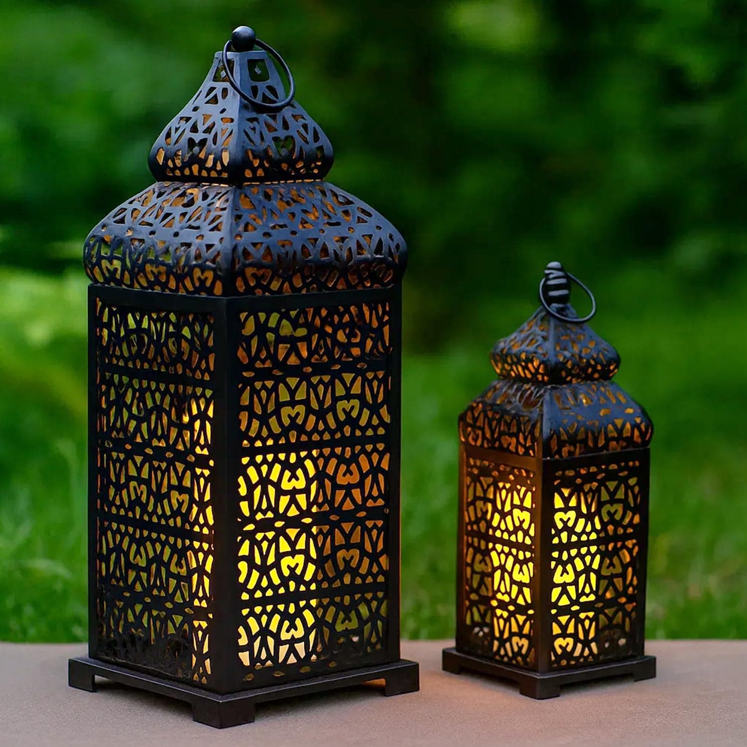 VELA LANTERNS Large Temple Moroccan Lantern Lamp Decorative Candle Holders for Ramadan Decorations, Hanging, Outdoor Patio or Porch, Indoor Home Decor, Weddings, Black, Set of 2