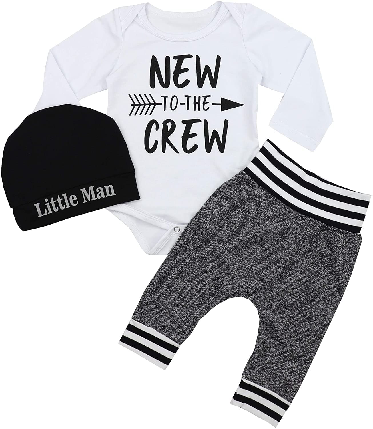 - Newborn Baby Boy Clothes New to The Crew Letter Print Romper+ Pants+Hat 3PCS Outfit
