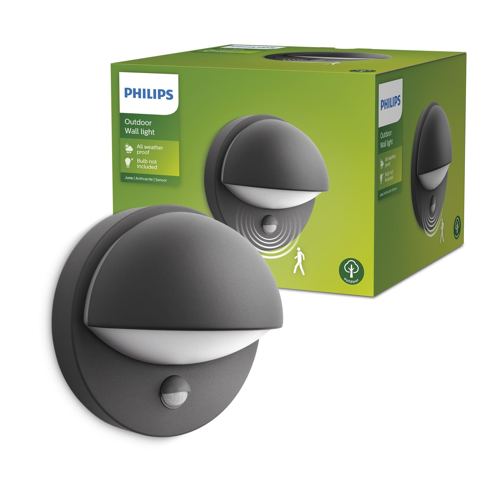 Philips June Outdoor Wall Light, IP44 Weather-Resistant, Infrared Motion Sensor, Durable, Aluminium, Modern Design, Anthracite Grey, E27 Bulb Sold Separately