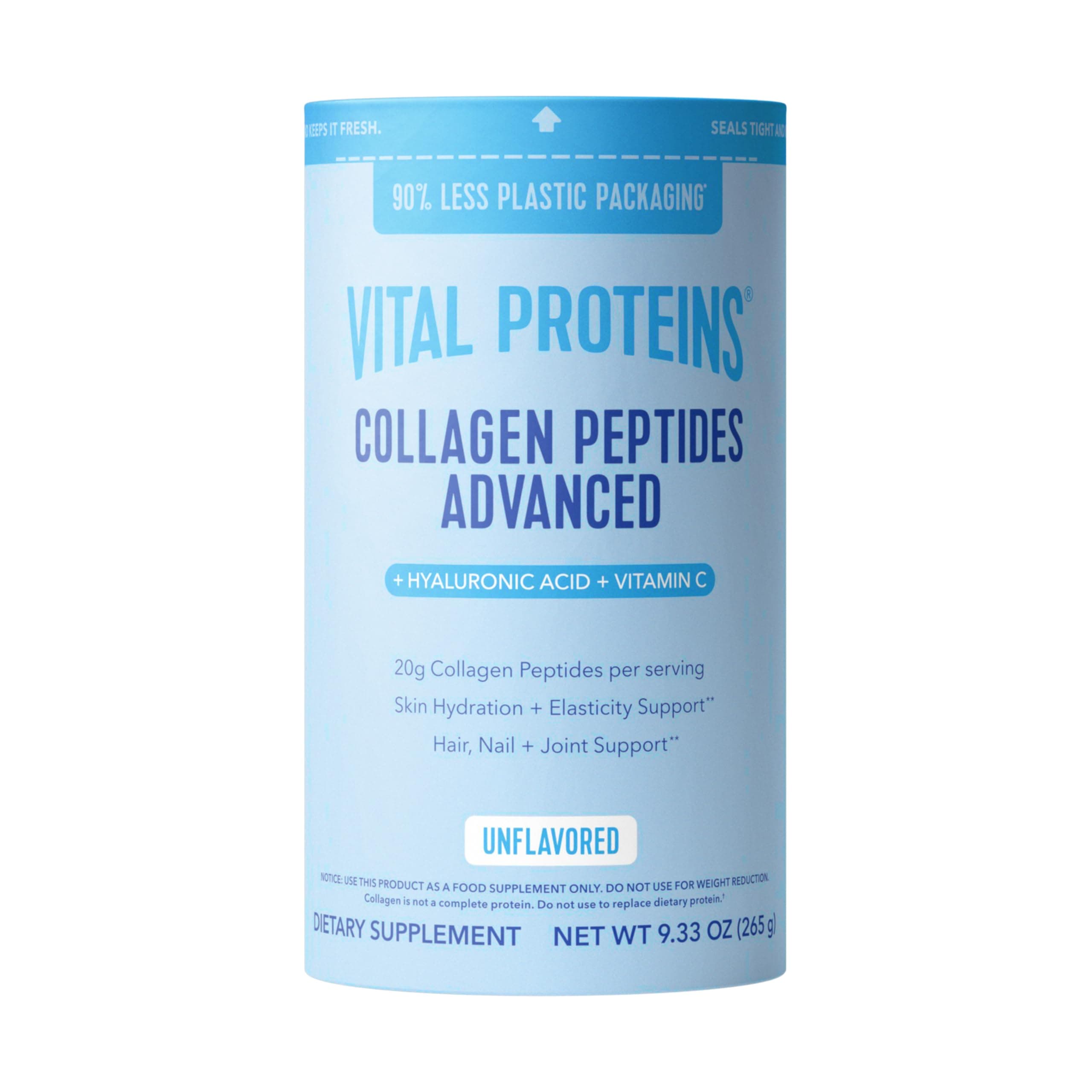 Vital Proteins Collagen Peptides Powder, Unflavored with Hyaluronic Acid and Vitamin C, 10 oz, Pack of 1.