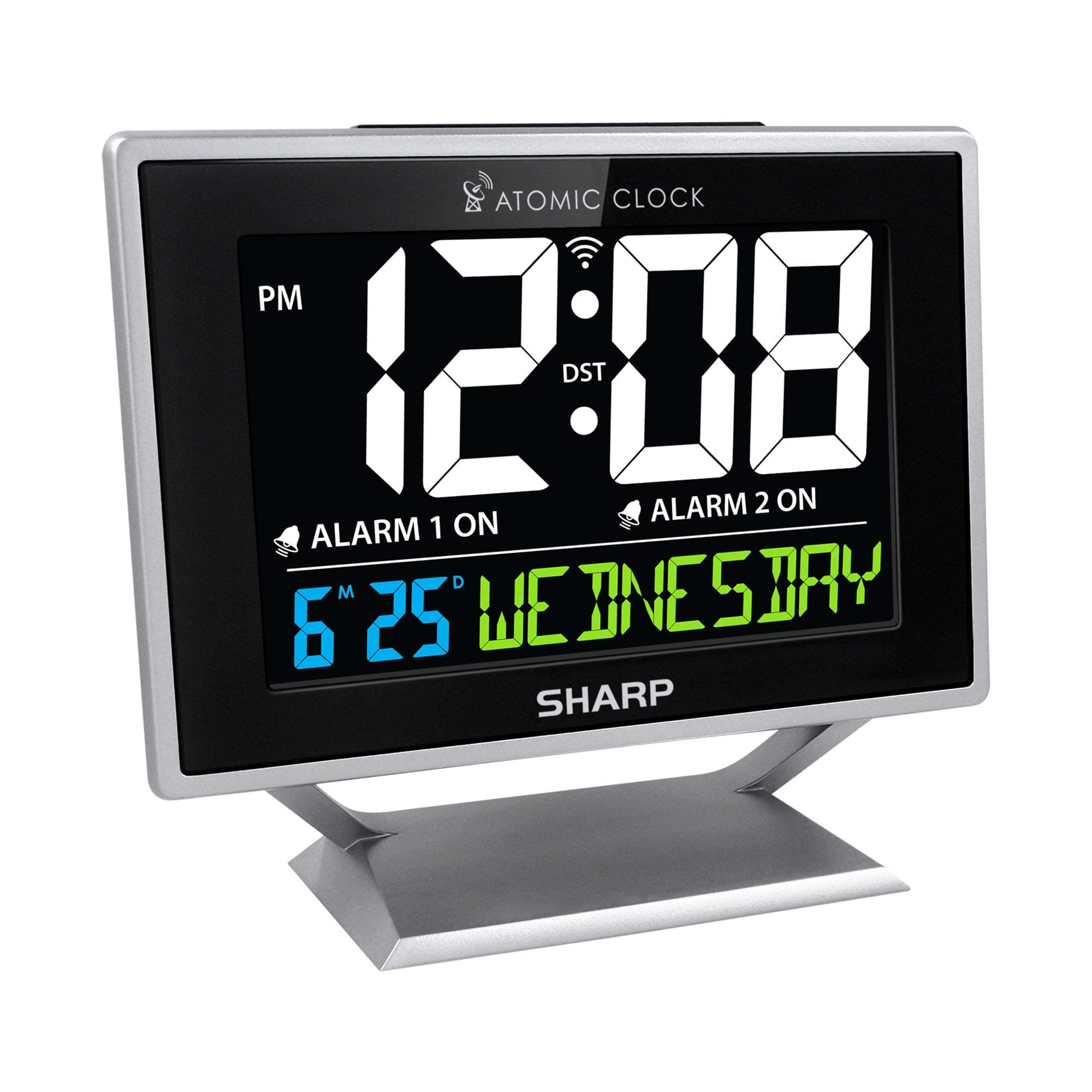 Desktop Dual Alarm Clock with Color Display - Atomic Accuracy - Calendar & Day of Week Time/Date Display