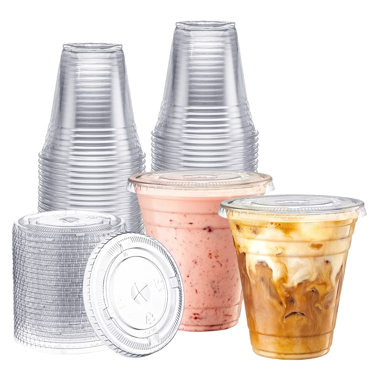 [100 Sets 12 oz. Plastic Cups With Lids, Smoothie Cups, Milkshake Cups