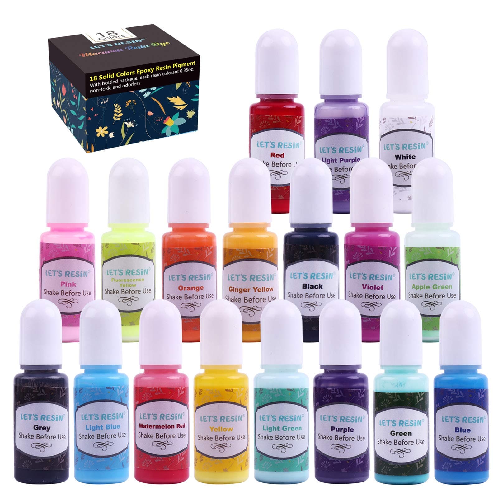 LET'S RESIN 18 Colors Epoxy Pigment, Opaque Liquid Resin Colorant, 0.35oz Each, Odorless Epoxy Resin Dye for Resin Jewelry DIY Crafts Art Making
