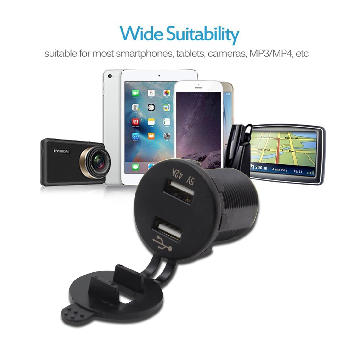 Universal Rocker Dual USB Waterproof Socket with LED Light, Purishion Dual USB Charger for Car MotoBike Boat 4.2A Dual USB Power Supply Charger Adapter 12-24V for iPhone Samsung etc.