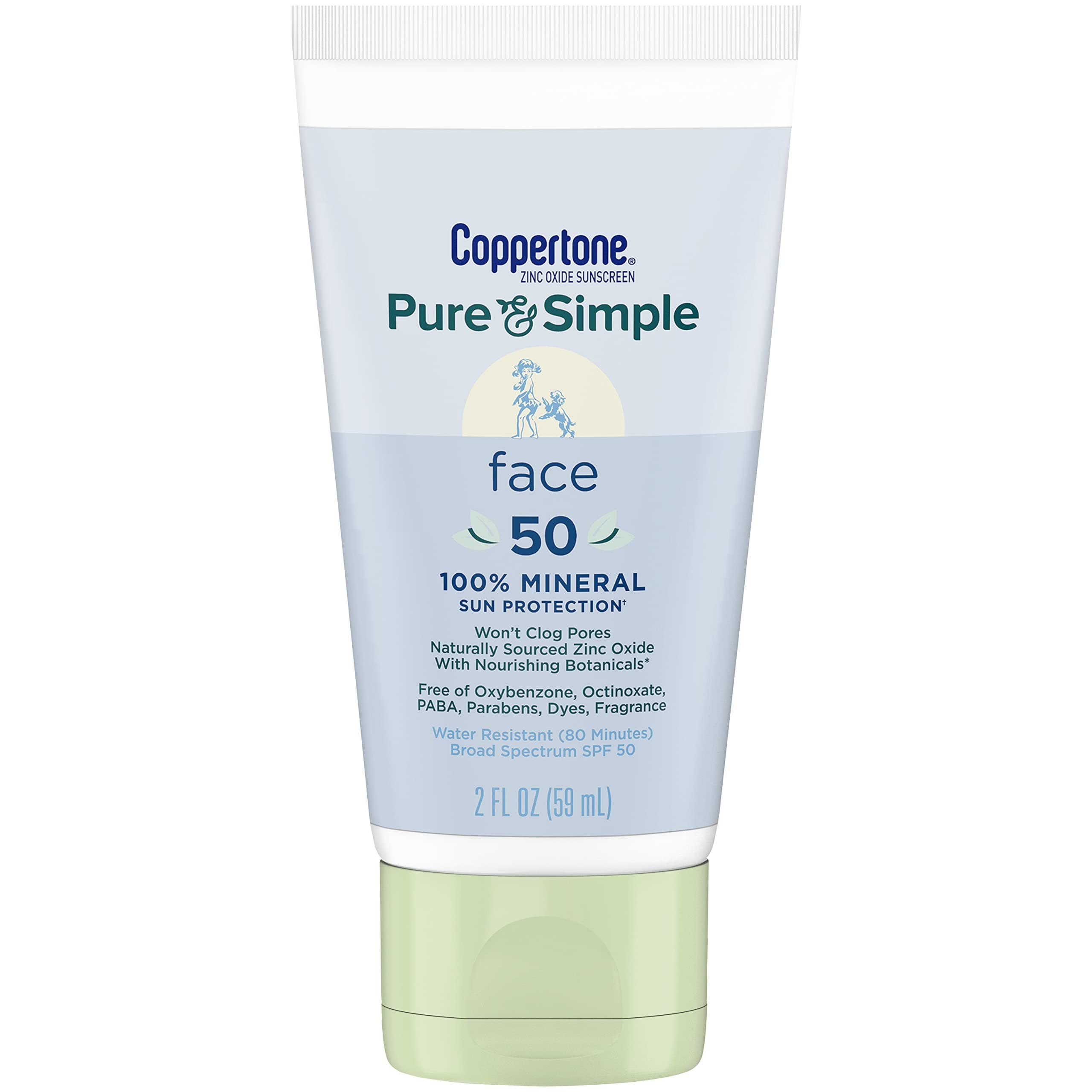 Coppertone Pure & Simple SPF 50 Face Sunscreen Lotion, Water Resistant, Hypoallergenic, Dermatologically Tested, +100% Natural Botanicals, Broad Spectrum UVA/UVB Protection, Travel Size, 2 oz.