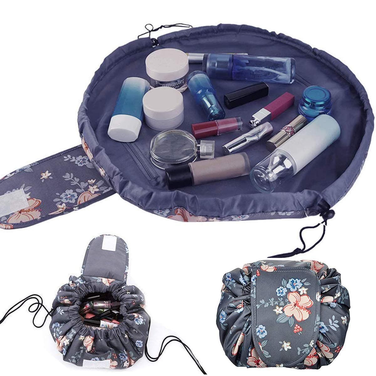 Lazy Makeup Toiletry Bag Lazy Cosmetic Bag Large Capacity Drawstring Makeup Pouch Travel Storage Organizer Quick Pack Magic Makeup Bag for Women Girls (Flower)