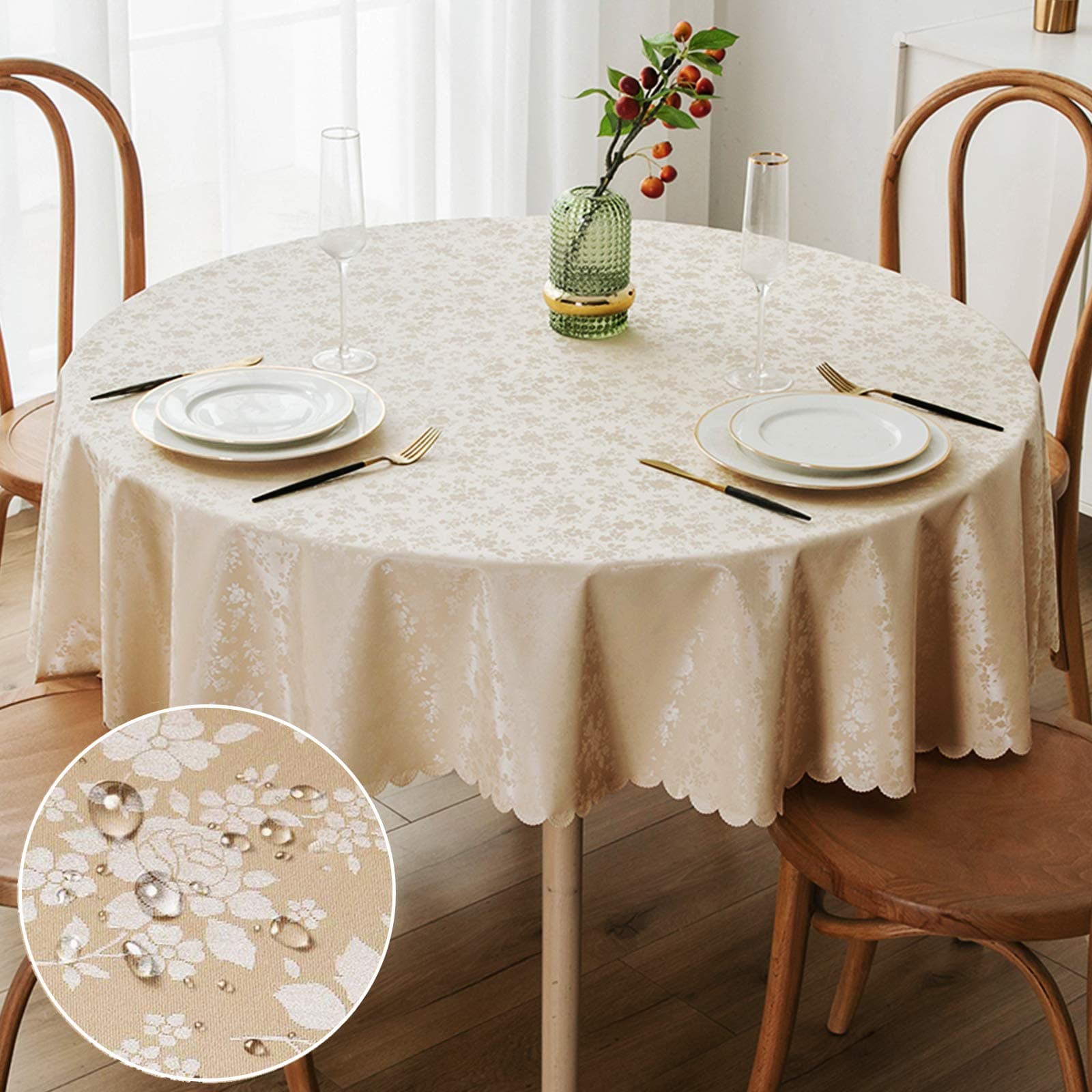 Round Table Cloth, Waterproof Heavy Duty Vinyl Tablecloths, Wipeable Washable Table Cover for Kitchen and Dining Room (Beige, 60" Round)