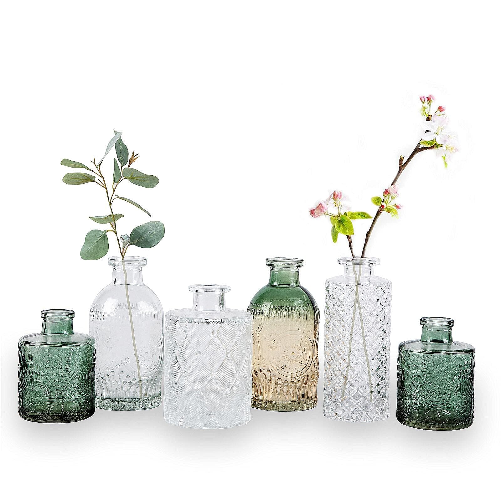 Bud Vase Set of 6, Small Flower Vases for Decorative, Gradient Glass and Embossed Vintage Style Mini Bottles for Home Décor, Centerpiece 3.3"-5.2''H(Clear+Green)