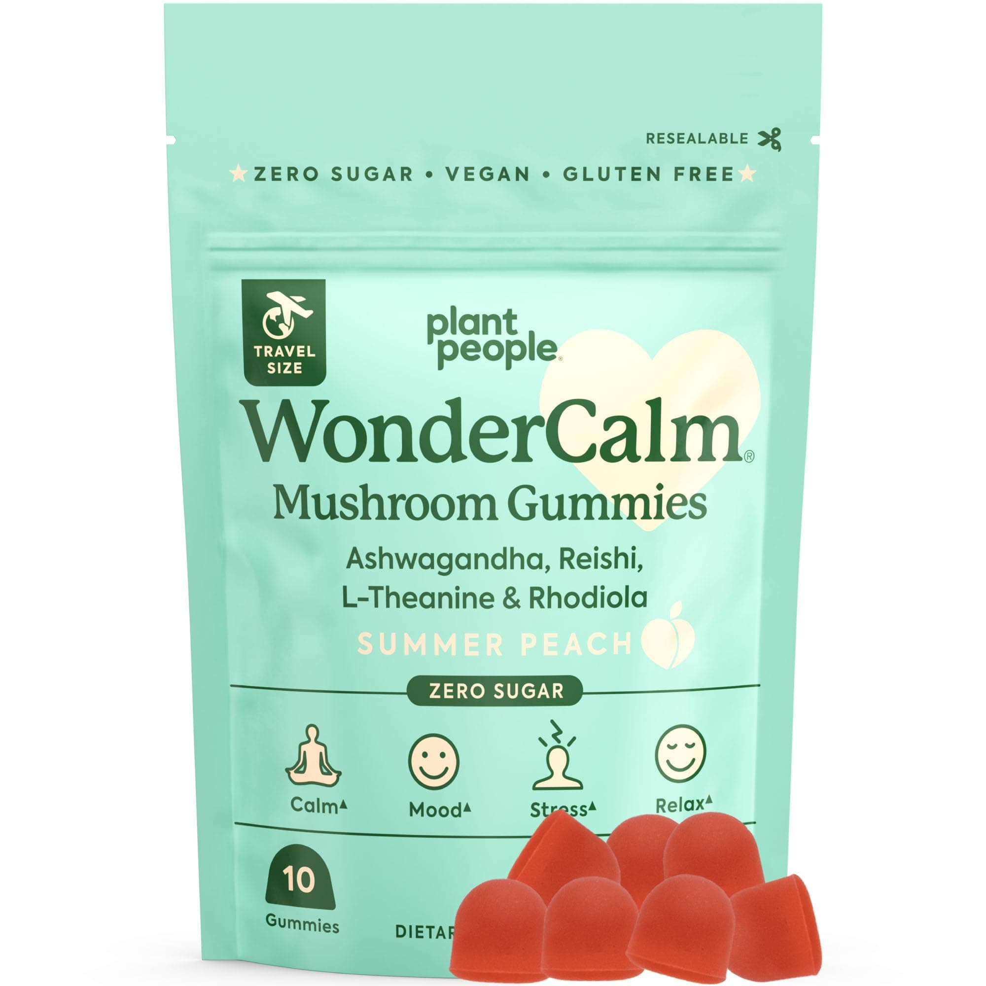 Plant People WonderCalm Mushroom Gummies - Natural Ashwagandha Supplement to Ease Stress & Boost Mood for Adults Without Sugar, Gluten or Artificial Colors, Vegan-Friendly, Peach Flavor (Trial Size)