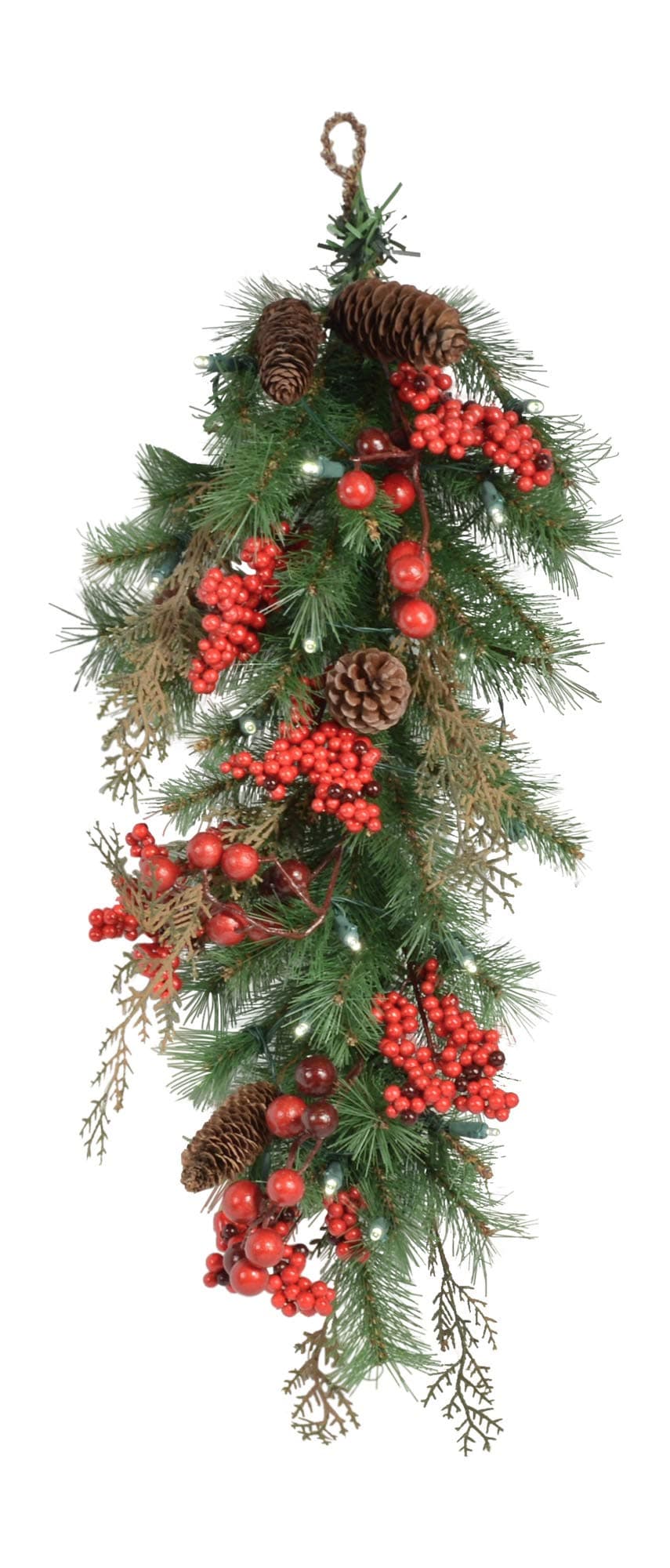TenWaterloo 25 Inch Lighted Pine Christmas Swag with Pine Cones and Red Berries, Battery Operated with Timer, Front Door Lighted Teardrop Swag