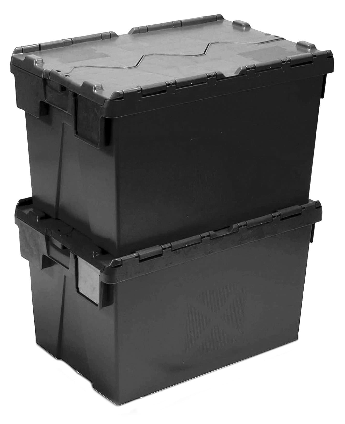 10 x Kaiman Attached Lid Container (ALC) - 600x400x365mm Black 65 Litres - Plastic storage box Euro Crate Removal Tote box Distribution - Heavy Duty (Pack of 10)