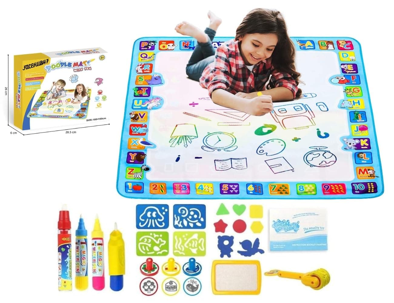 FACE HUB Extra Large 100X100 CM Aqua Magic Water Doodle Mat Water Drawing, Coloring and Doodling Mat for Toddler Kids Educational Toys Gifts for Boys Girls Age 2 3 4 5 6 7 8 Year Old