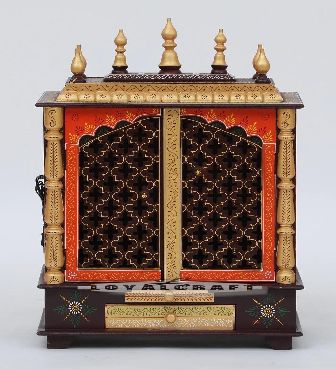 Wooden Temple/mandir/god Stand for/Pooja Stand/mandap/mandapam/Pooja mandir with Doors (Large 24x12x30 WxDxH INCH, Brown Gold)