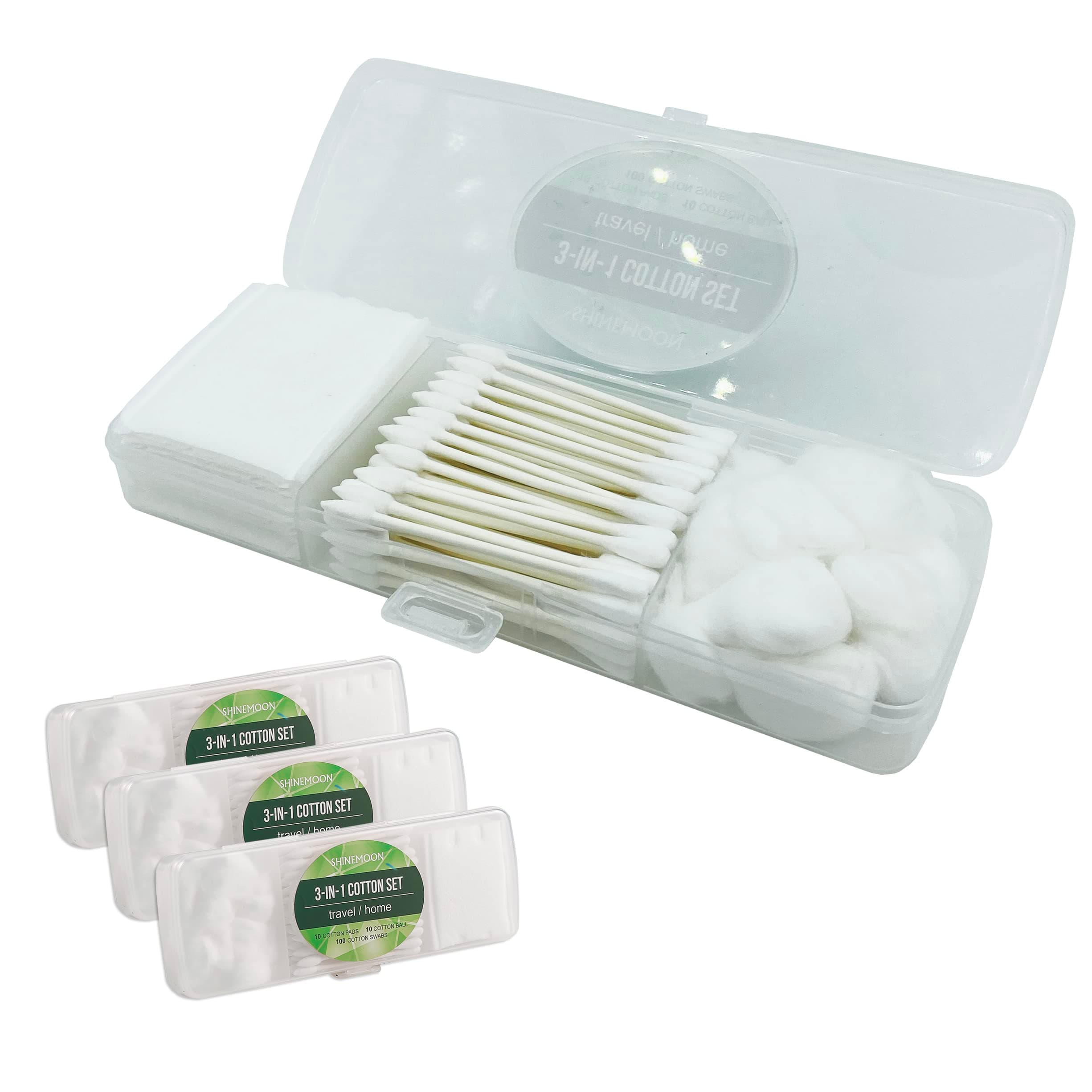 Travel Portable Cotton Swabs Set:100 Cotton Swabs, 10 Cotton Pads, 10 Cotton Balls in Reusable Storage Box for Ear, Cosmetics, Makeup Remover,Nail Polish Remover(Pack of 3)