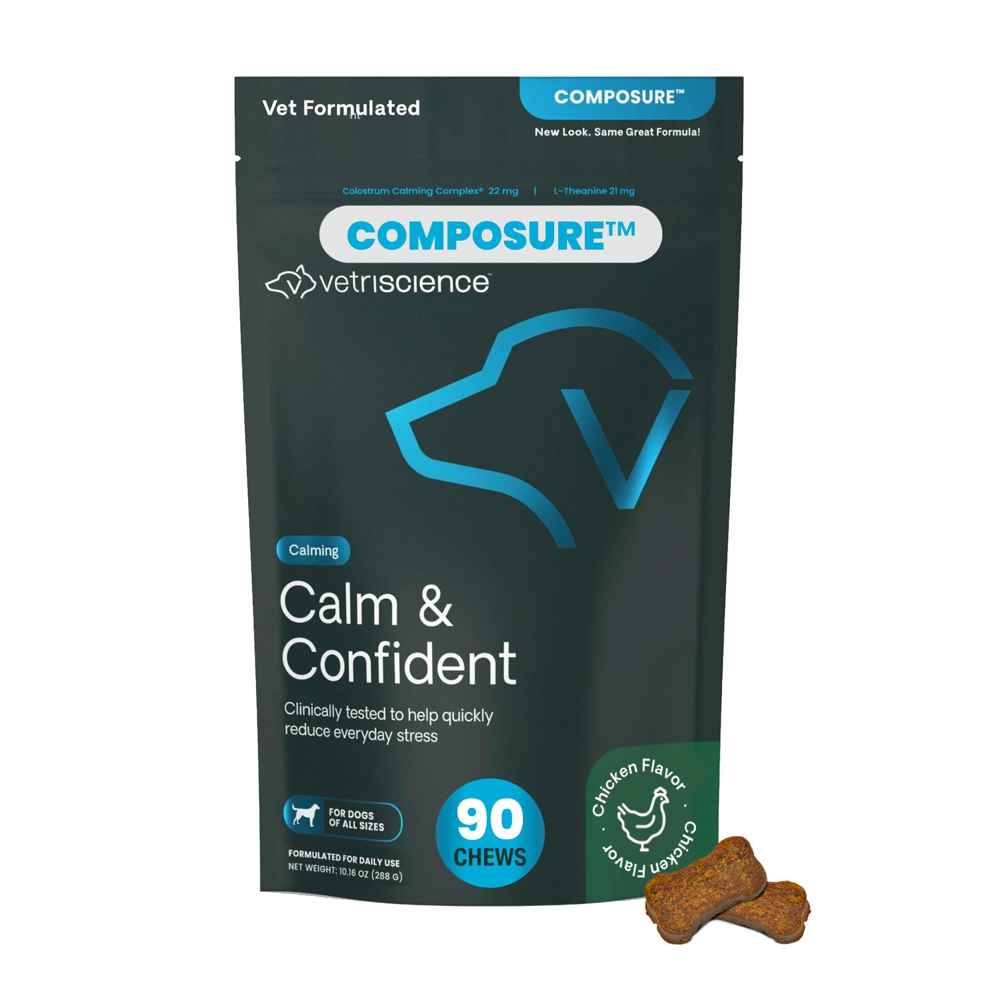VetriScience Calm & Confident Chews, Composure Clinically Tested Calming and Anxiety Ashwagandha Supplement for Dogs, Stress Relief, Separation Anxiety, Behavior Support, Chicken, 90 Count