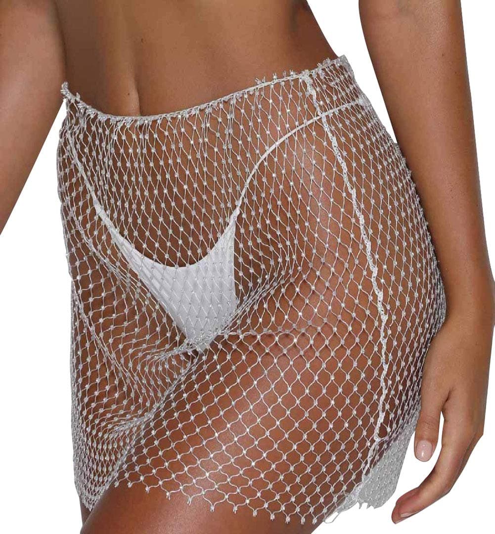 Women’s See Through Mesh Beach Bikni Swimsuit Hollow Out Dance Sleeveless Cover Up Mini Skirt for Swimwear