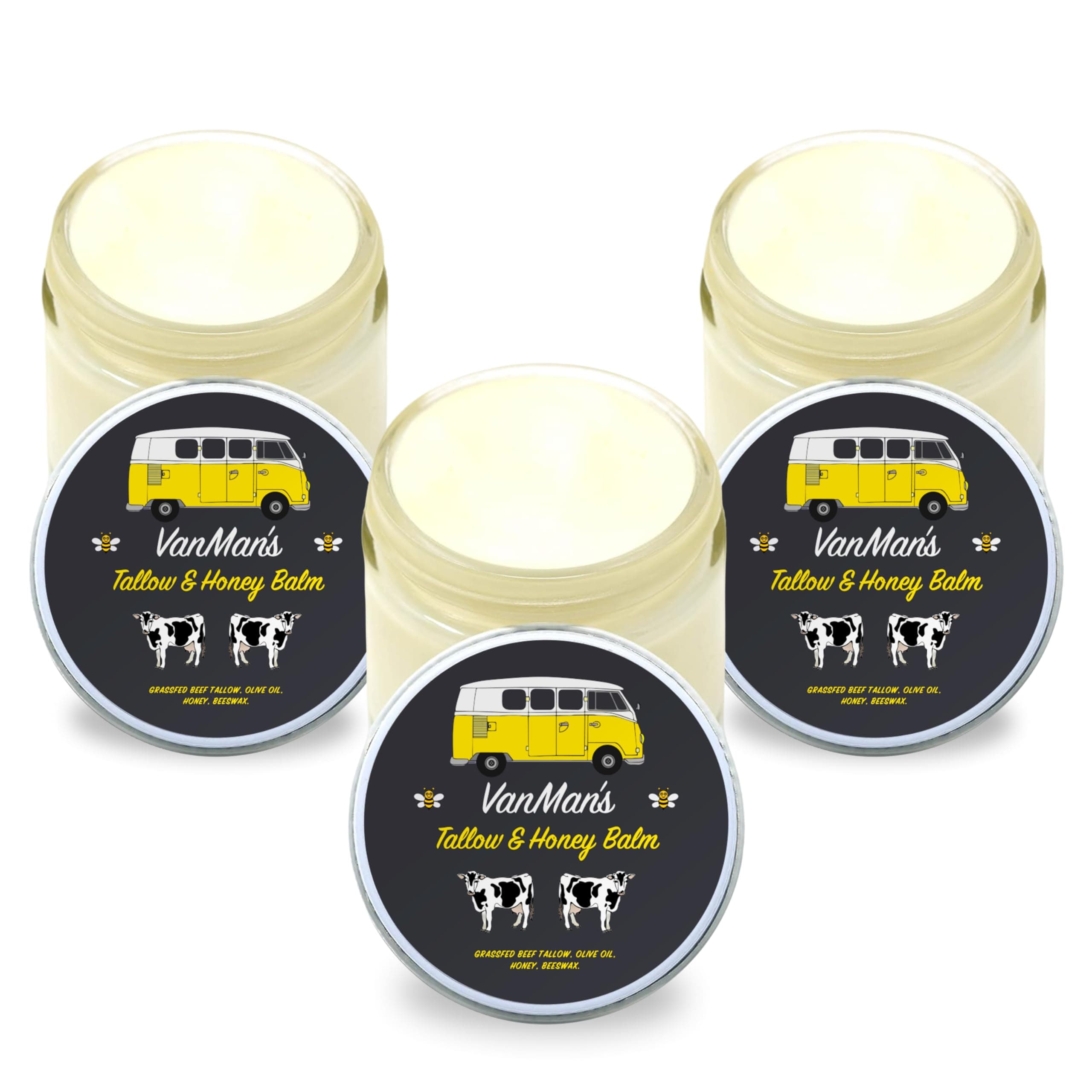 Vanman's NO ADDED SCENT Tallow and Honey Balm (2oz) - 3 Pack - Grass Fed Beef Tallow & Honey Balm w/ Vitamins A, K, D, E - Tallow Moisturizer Creates Soft, Smooth Skin - All-Purpose Tallow Skin Care
