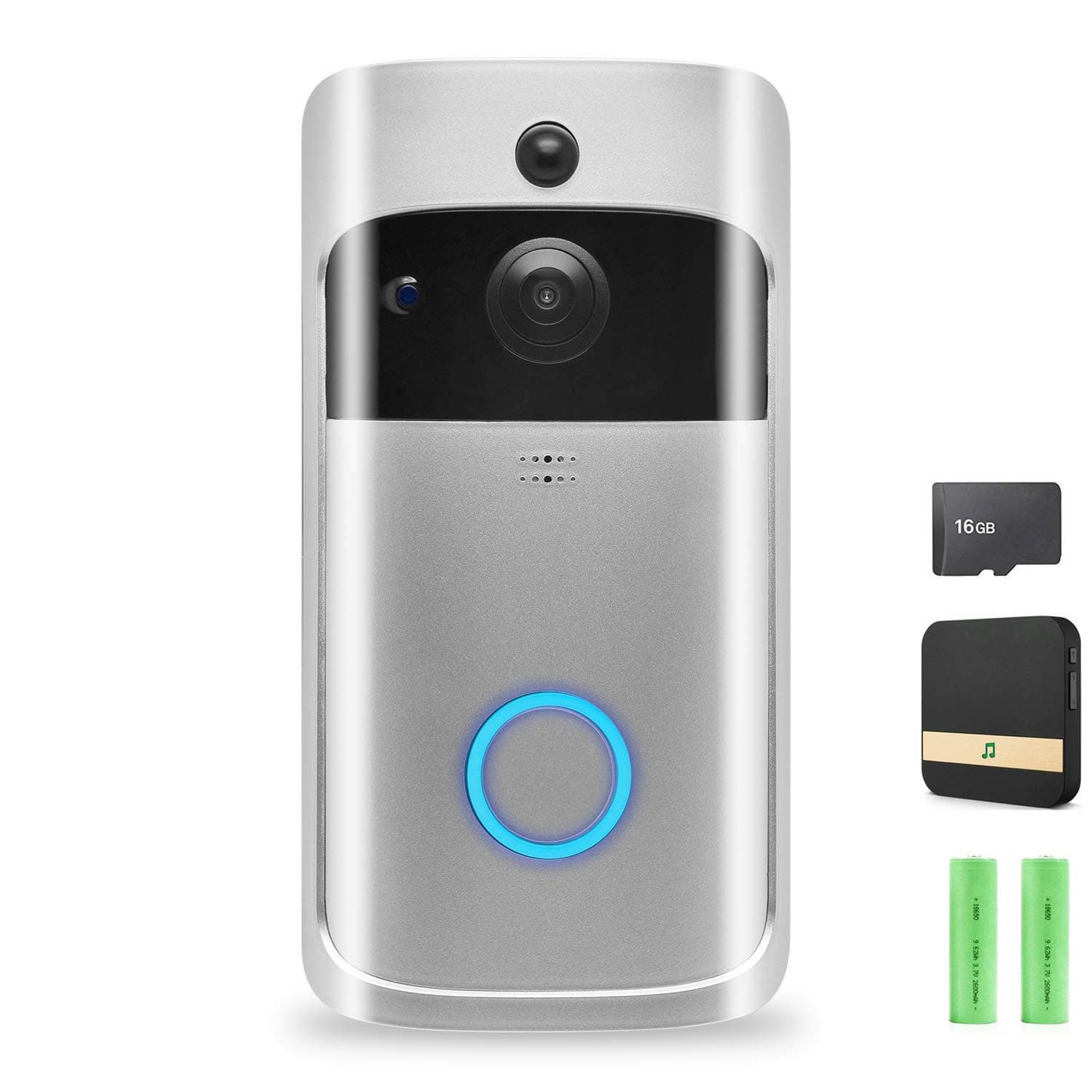 Video Doorbell,Wireless Doorbell Security Smart Camera with Wifi Video Talk 720p HD Wide Angle Monitor Night-Vision PIR Motion Detection APP Control Free Indoor Chime and 16GB SD Card