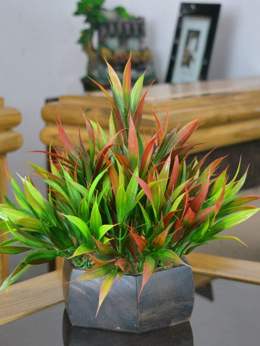 fancymart Plastic & Wood Artificial Bamboo Leaves Plant with Wood Hexagon Pot (20 Cm